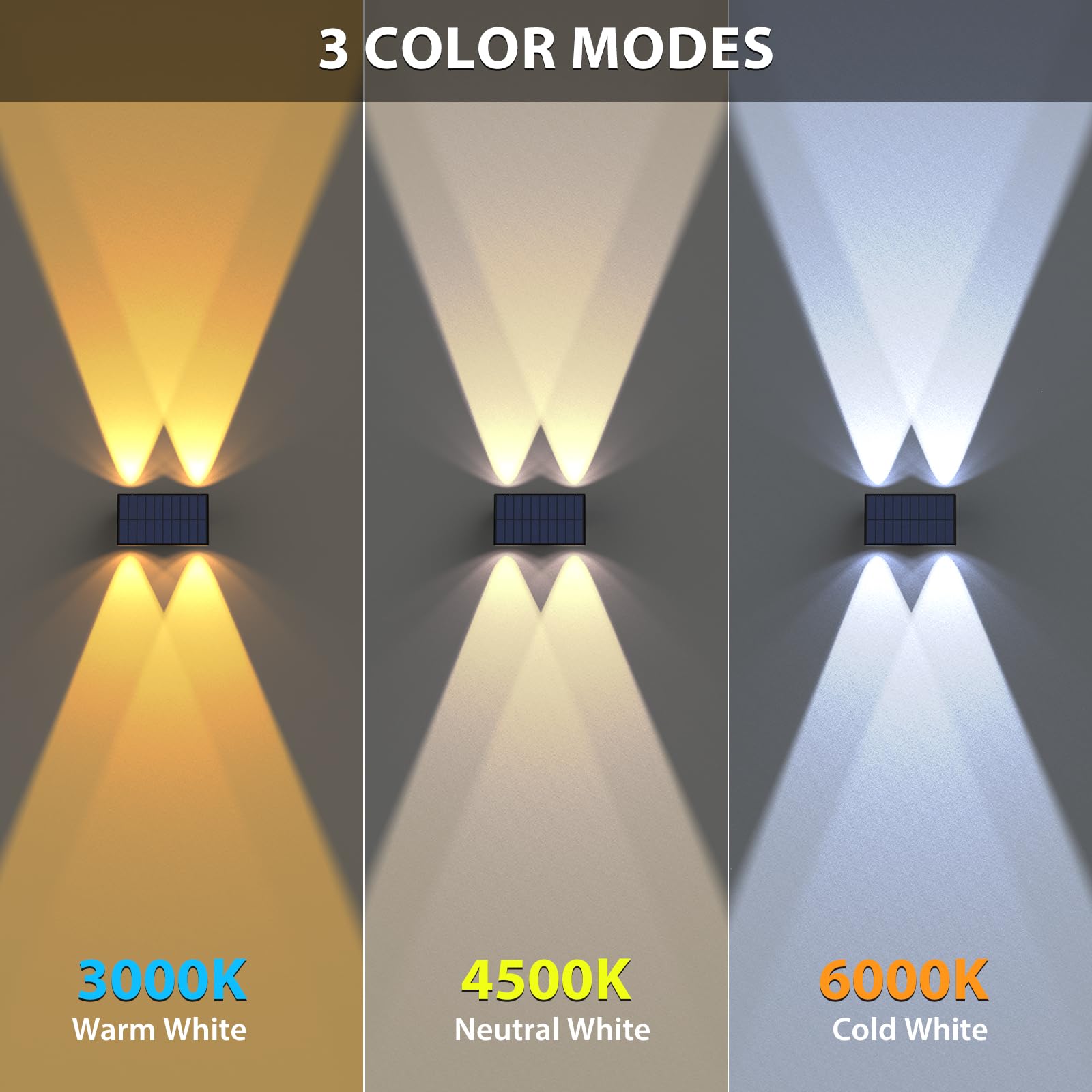 Solar Fence Lights,8Pack Solar Lights Outdoor 2700/4500/6000K 3 Mode Up & Down Solar Wall Lights Waterproof 100 Lumens Solar Pow