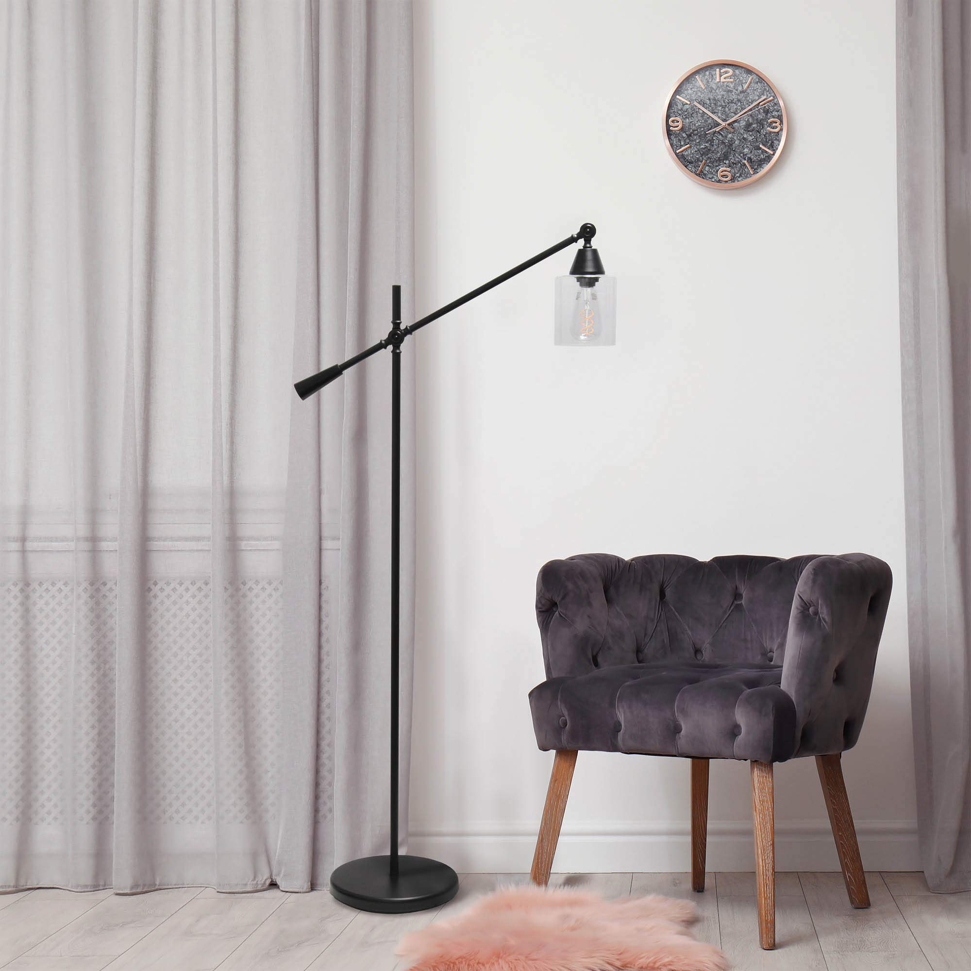 Lalia Home Decorative Floor Lamp, Black, Metal, 30inL x 11inW x 56inH, Model LHF-5021-BK, Clear Glass Shade