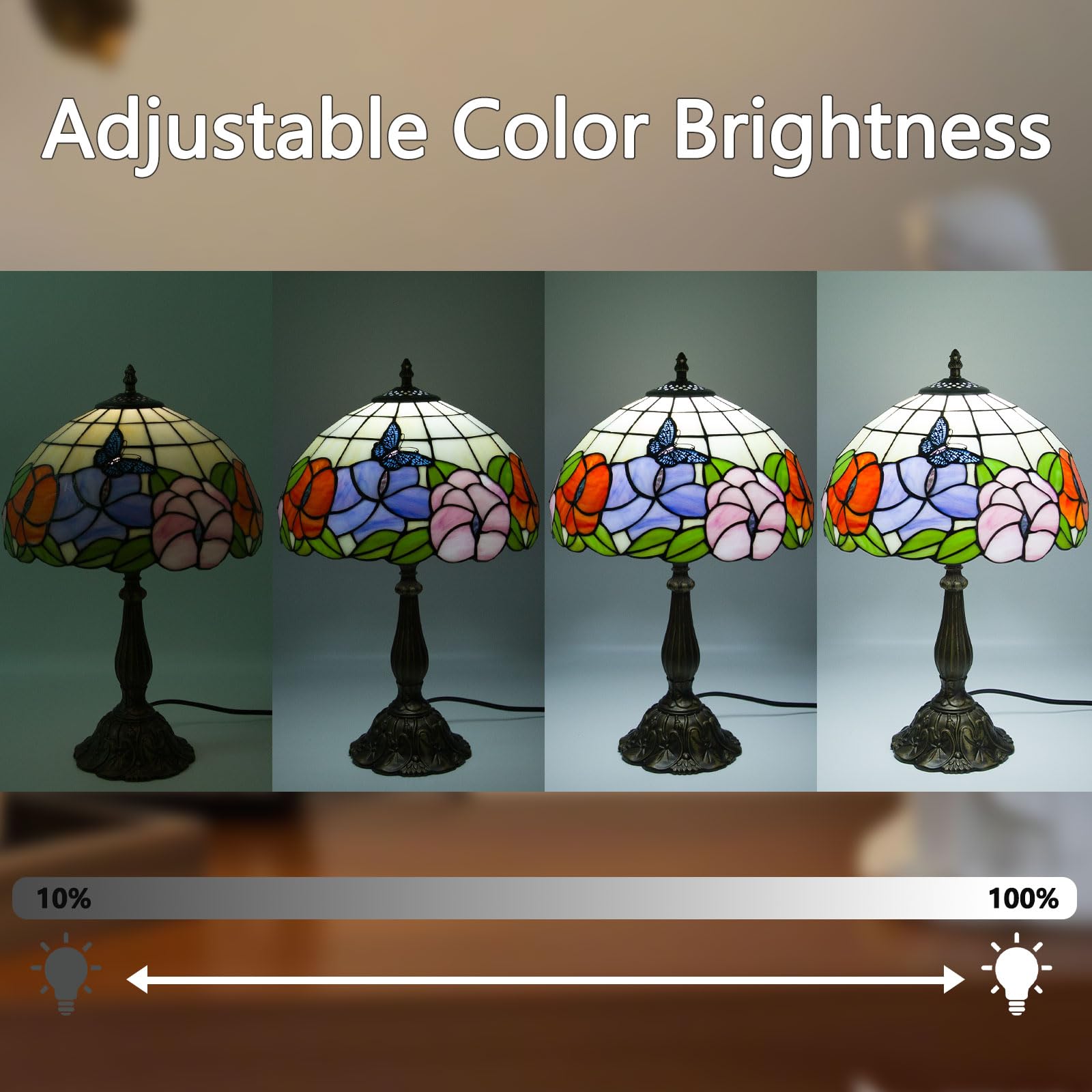 Crefotu 12 Inch Tiffany Table Lamp with Remote Control, Stepless Dimmable, Glass, Butterfly Flower, Model CFLP-0003