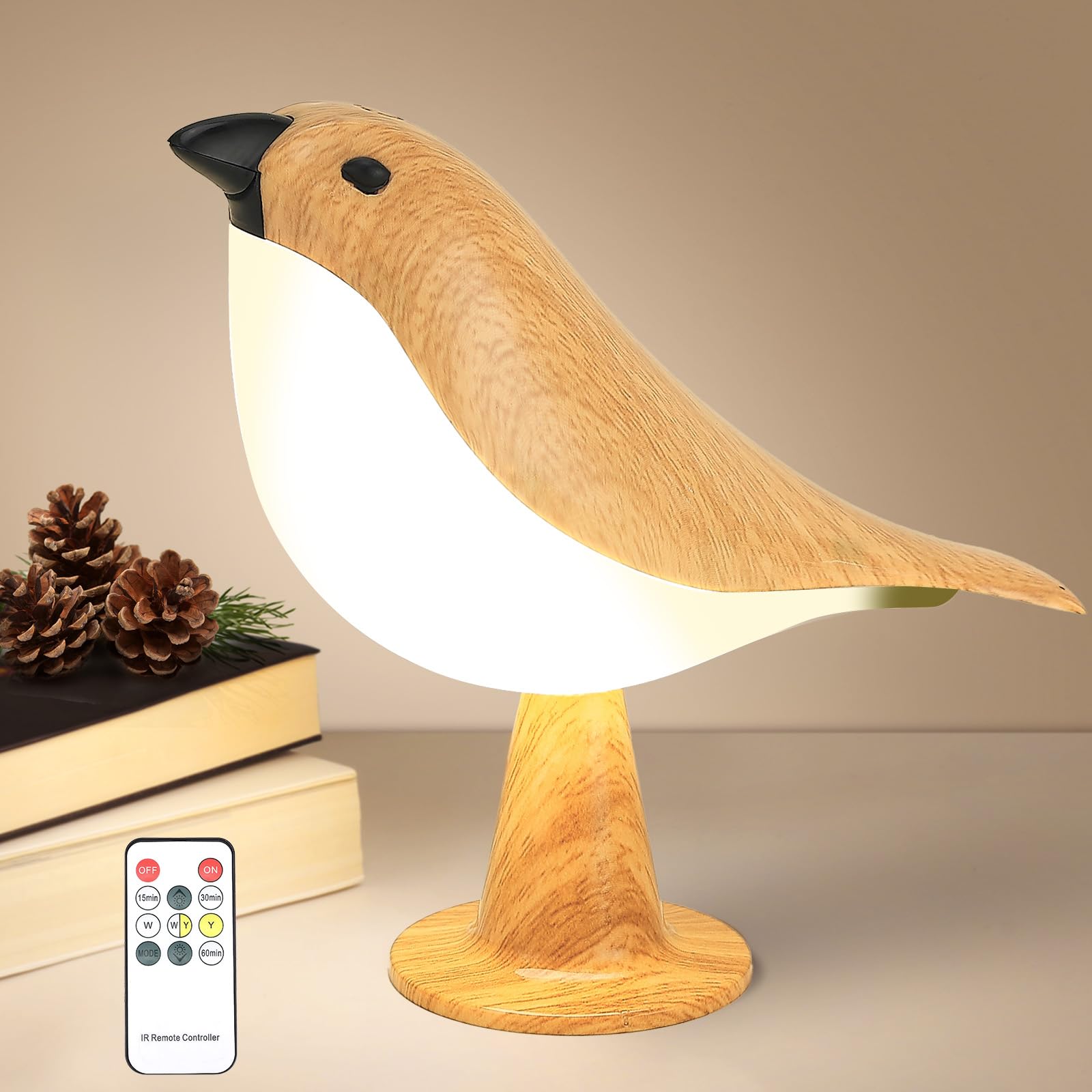 VoMii Small Bird Table Lamp, Remote Control, Timer, 3-Color Dimmable, Rechargeable, Portable, Warm/Cool Light, Model 1