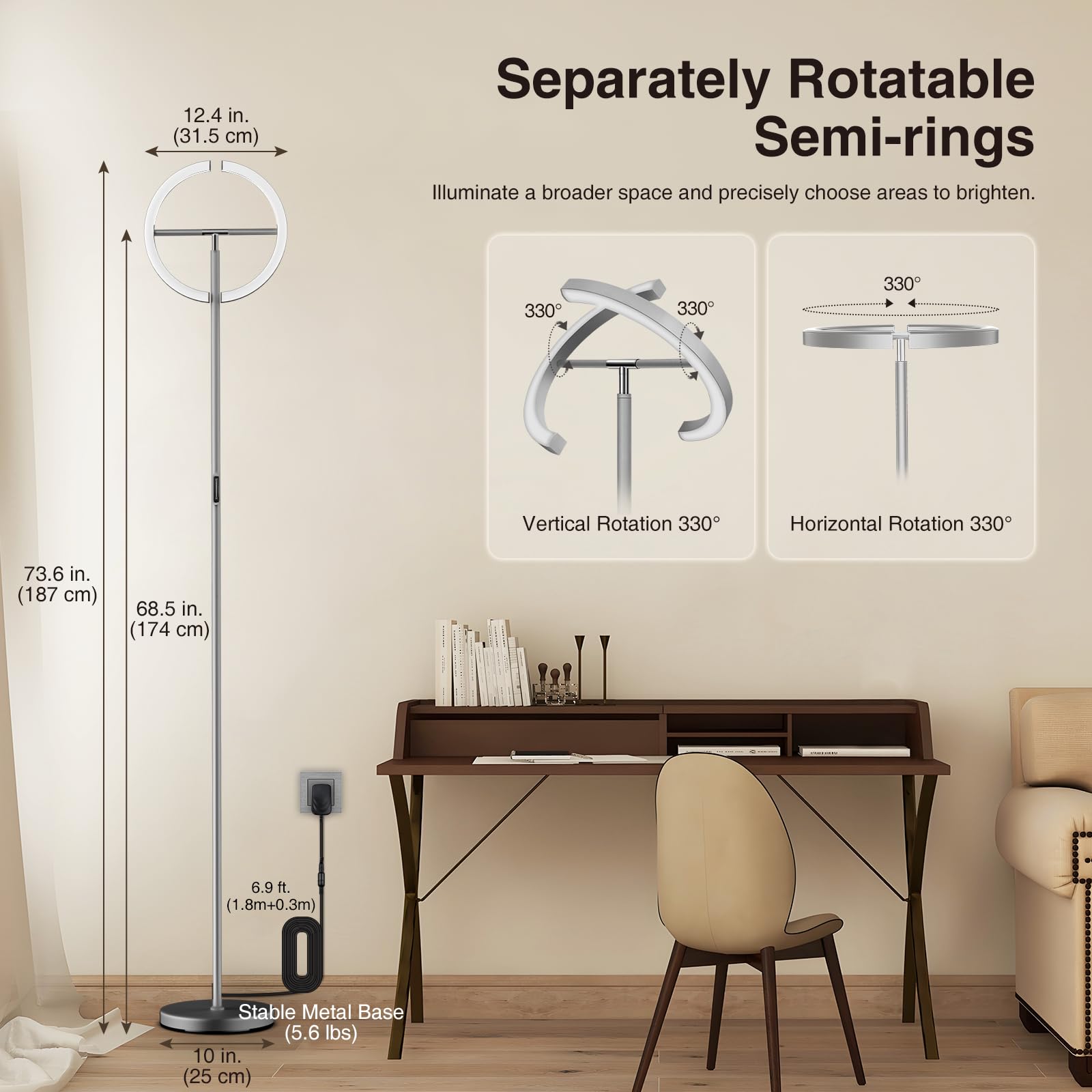 FIMEI Modern LED Rotatable Floor Lamp, Eye-Protection, Stepless Dimming, 3000K-6000K, Gray, Model MF19195