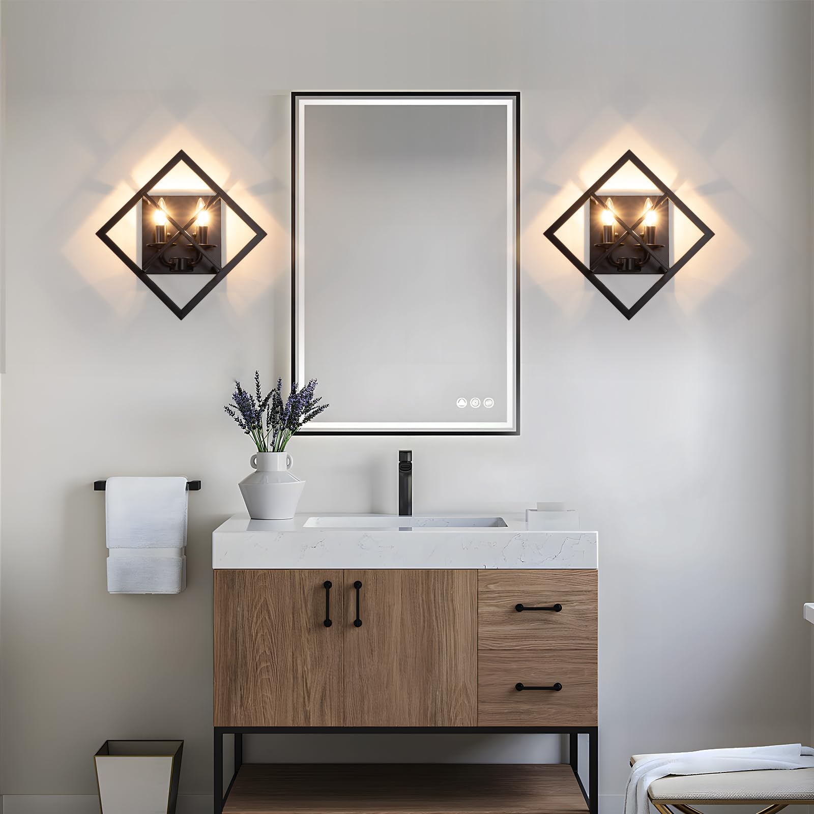 fengkeDU Farmhouse Wall Sconce 2-Light Black Metal Geometric Design Set of 2 - Hardwired Industrial Wall Lamp for Living Room, E