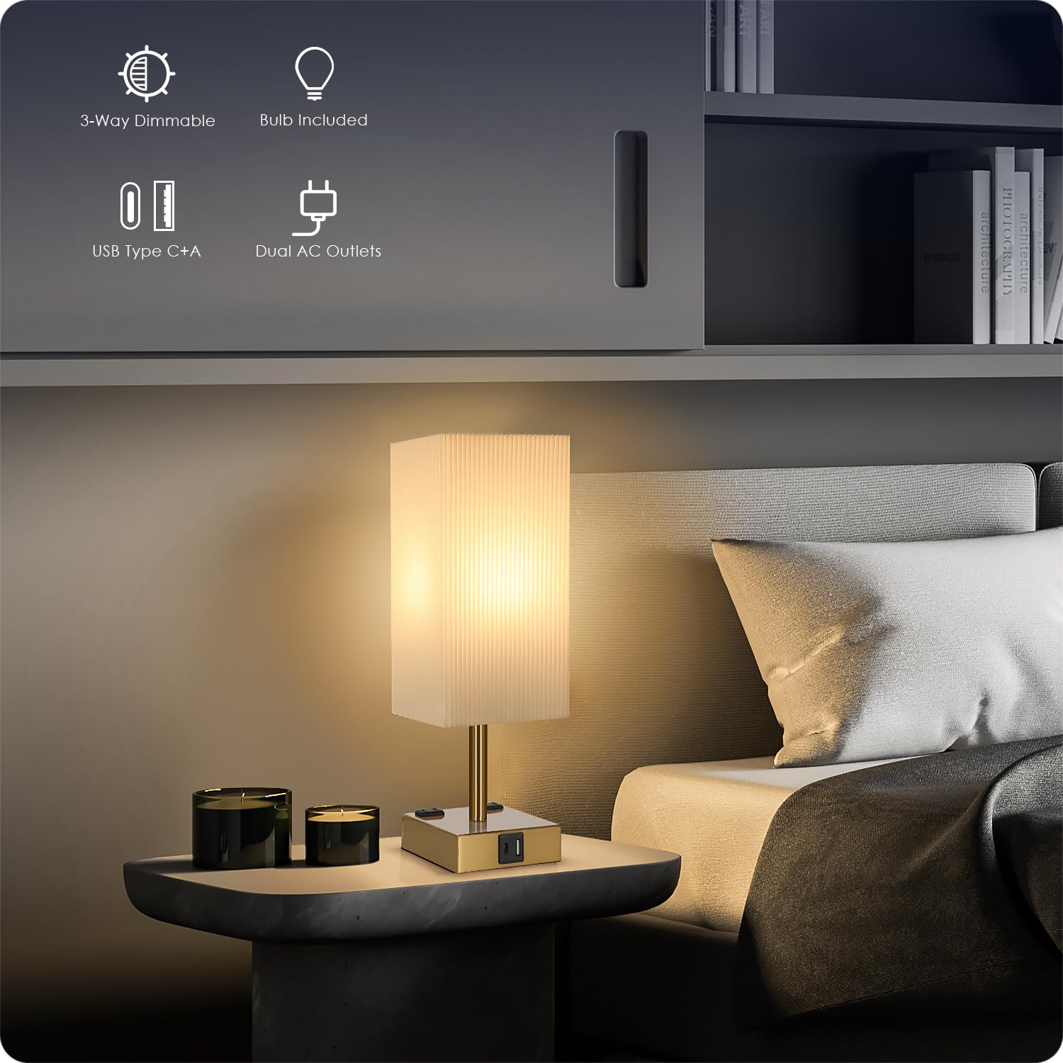 Soilsiu Set Of 2 Bedside Table Lamp 3 Way Dimmable Nightstand Lamp With Usb C & Usb A Charging Port, 2 Ac Outlets, 3000K Led Bul