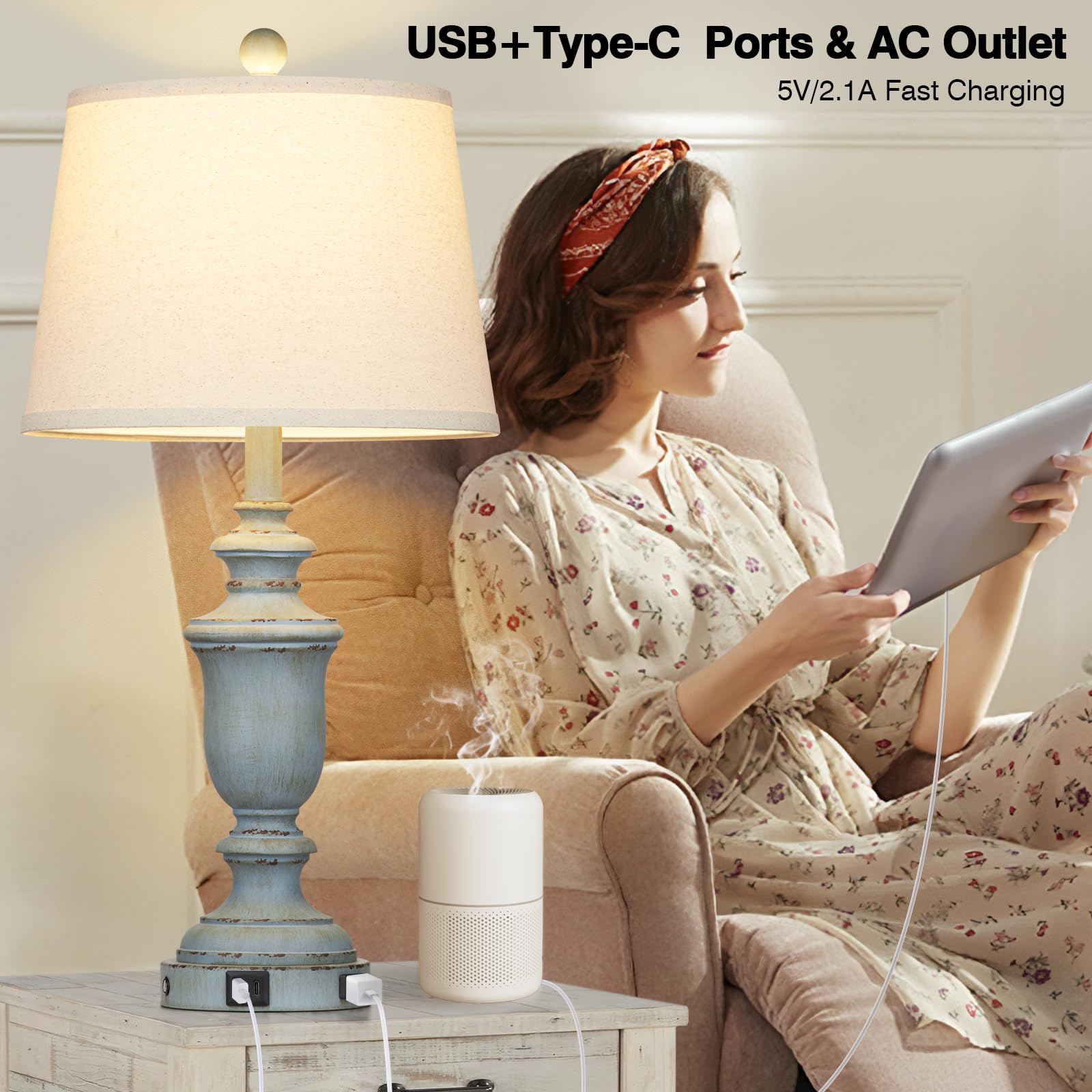 Cinkeda 25.6&quot; Coastal Table Lamps Set Of 2, Usb Ports, 3-Way Dimmable, Retro