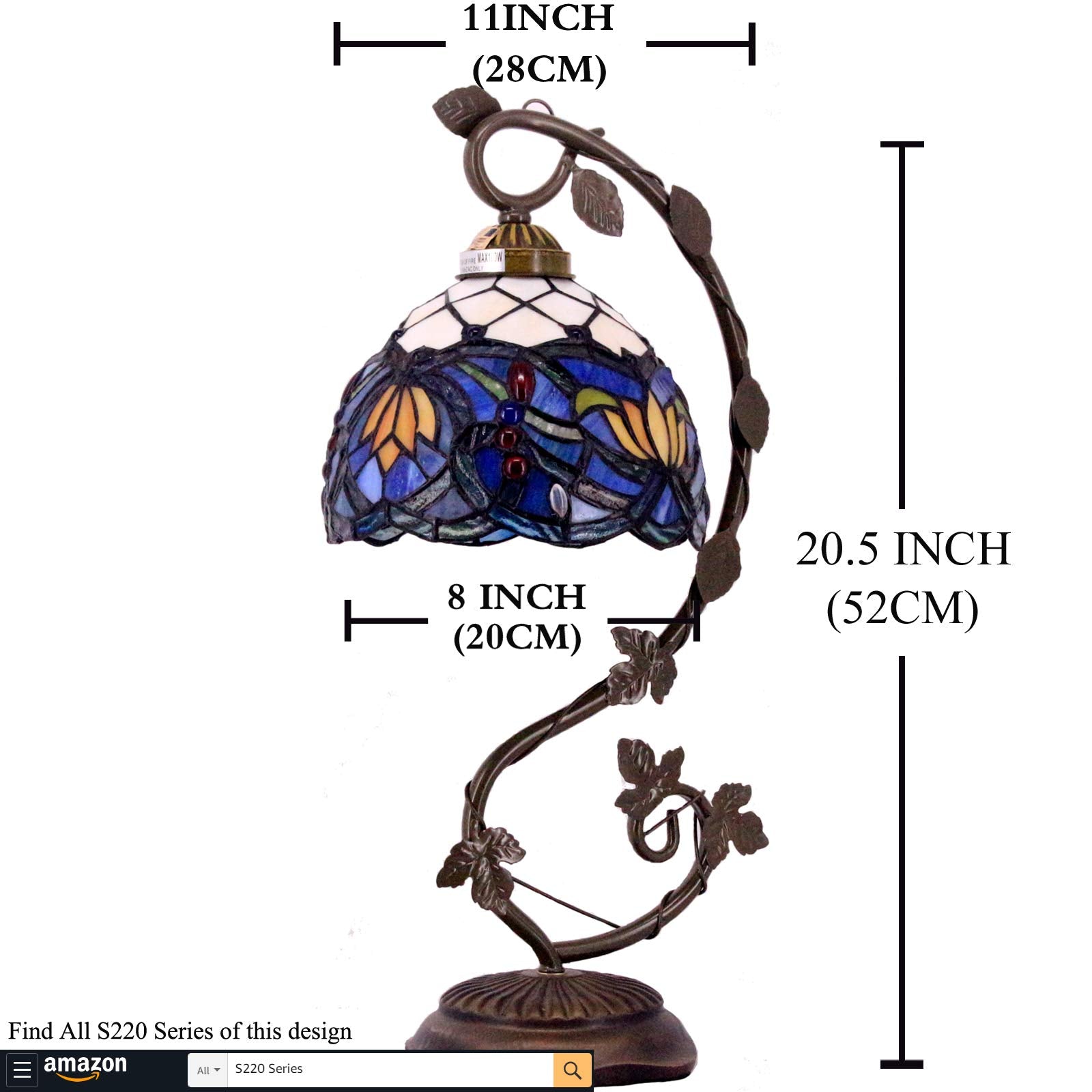 WERFACTORY Tiffany Table Lamp, Blue Stained Glass, Metal Leaf Base, 8x10x21 Inches, Lotus Style, Model S220, Perfect for Bedroom & Office