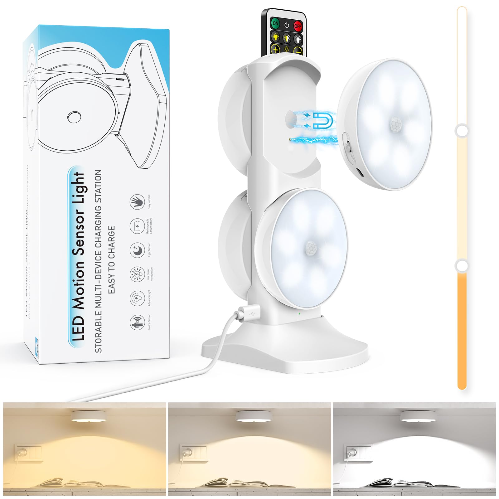 Wireless Motion Sensor Puck Lights with Charging Station, 3 Colors USB Rechargeable LED Closet Lights with Remote, Dimmable Unde