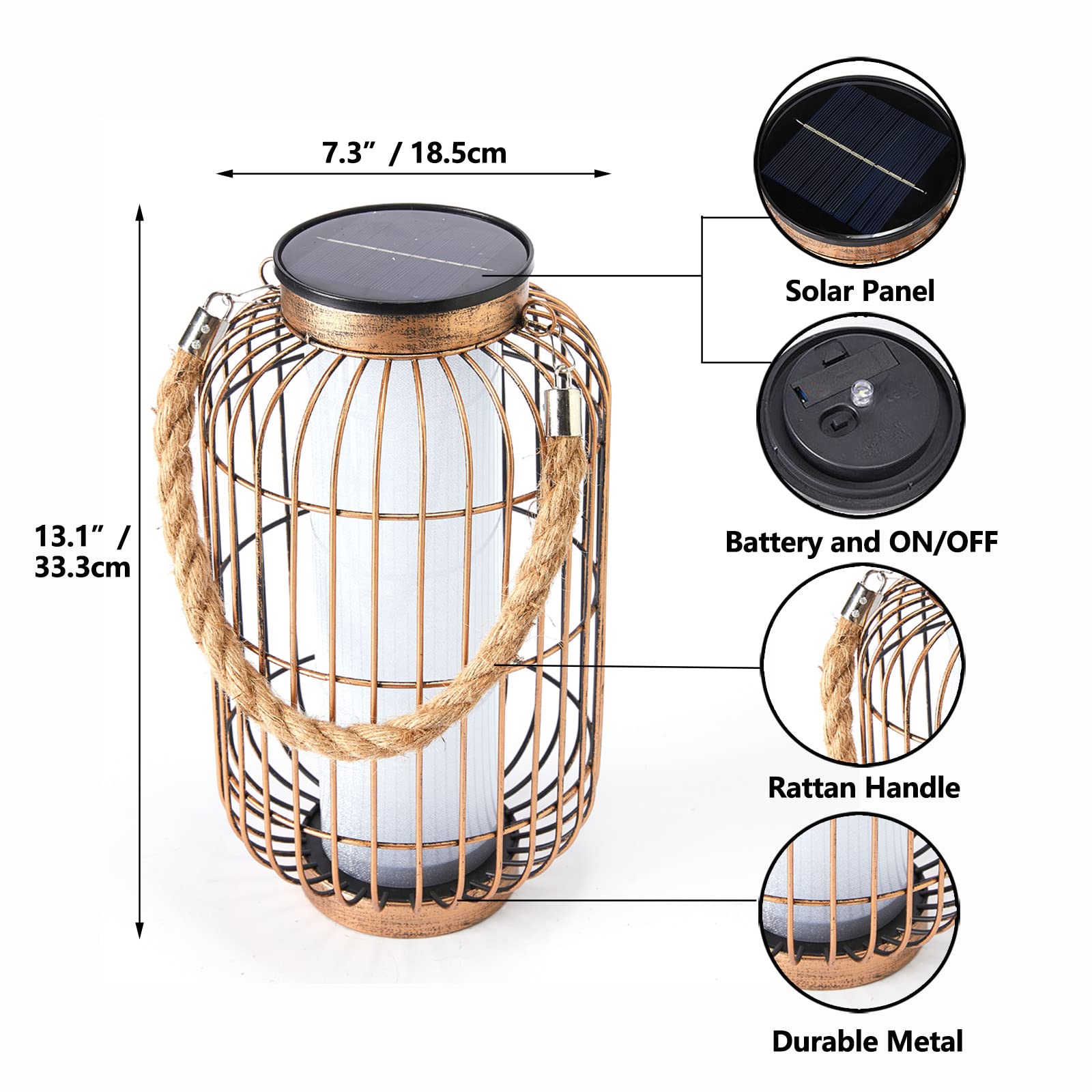 pearlstar Solar Powered Lantern - Heavy Duty Metal Hanging Light, Waterproof for Outdoor Use, Copper, Model 390