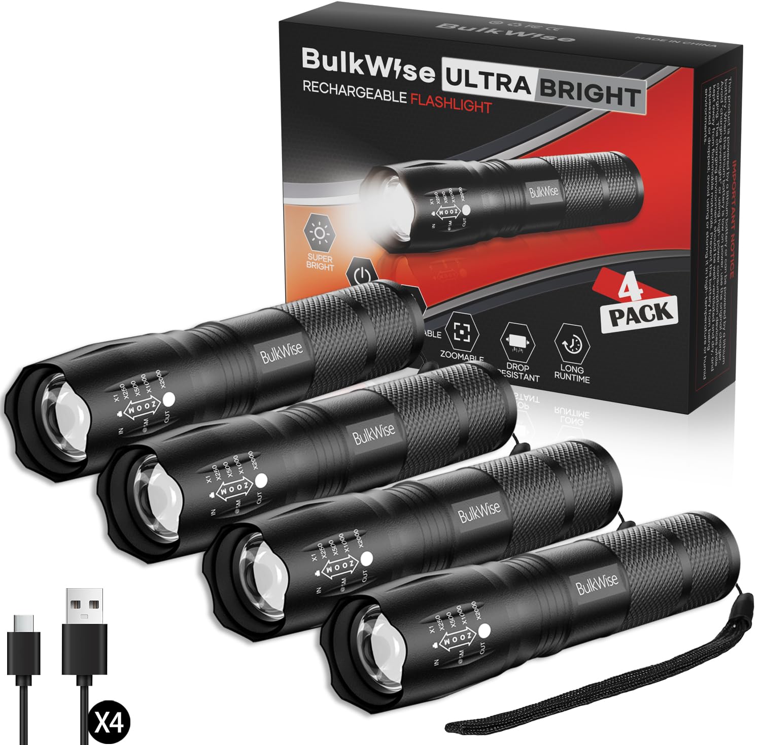 BulkWise 4 Pack Rechargeable Flashlights High Lumens, Bright 1 Mode Small Flashlight Powerful Tactical Flashlights Rechargeable,