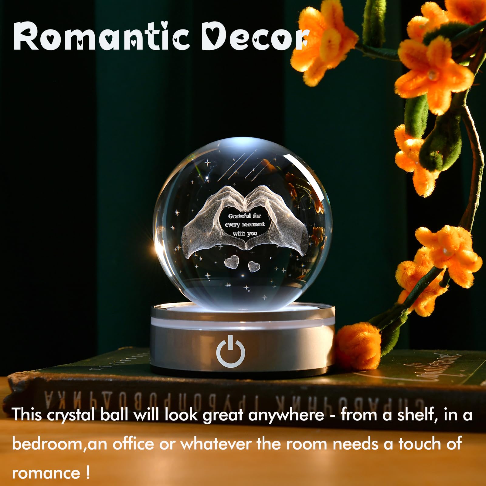 Ifolaina 3D Heart Crystal Ball Grateful Gifts For Mom Wife 3.15 Engraved Glass Love Hands Sphere Decor Gifts For Mothers Day Anniversary Birthday Crystal Heart Hands Lamp