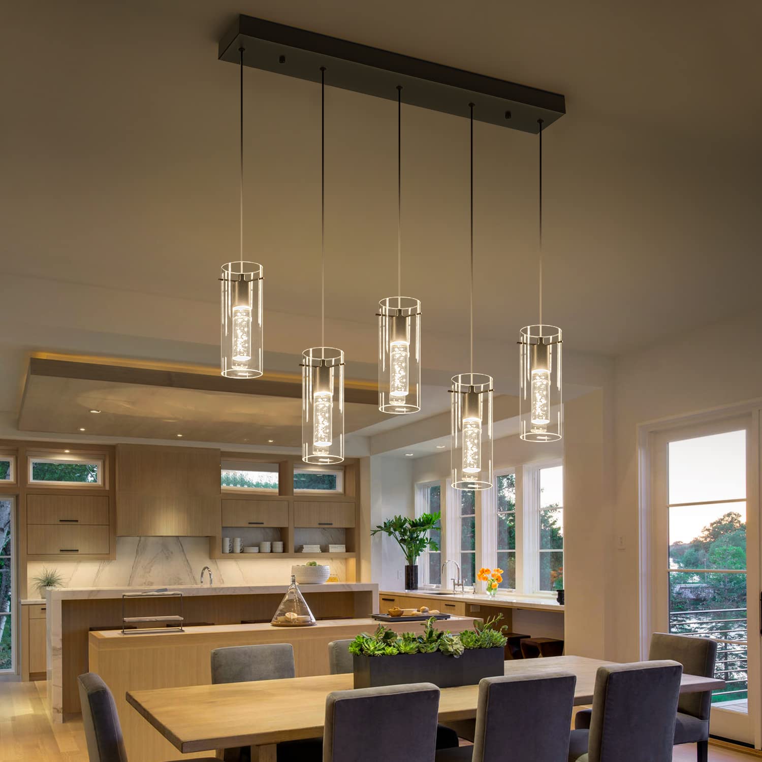BESTWEST Black Pendant Light Fixture, 5-Light Dimmable Modern Chandelier, Glass, BW-03, Sand Black