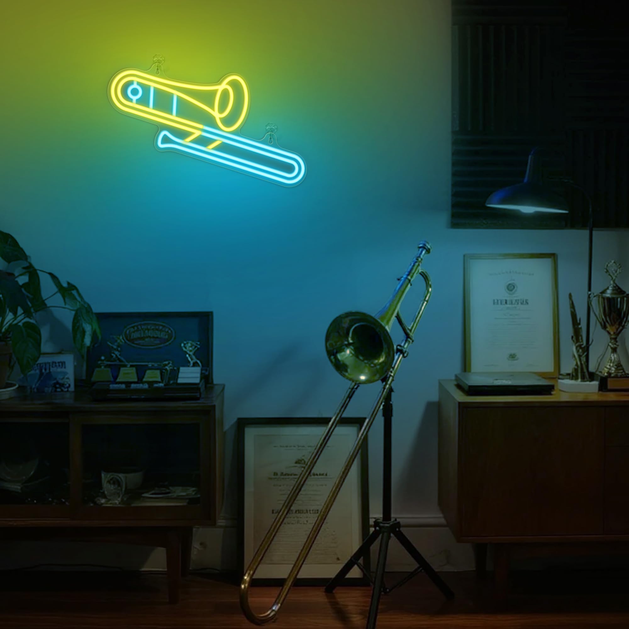 CoolGift Mart Trombone Neon Sign - Dimmable LED Light, 11.89"x16.38", Yellow-Trombone, USB Powered Room Decor for Music Lovers