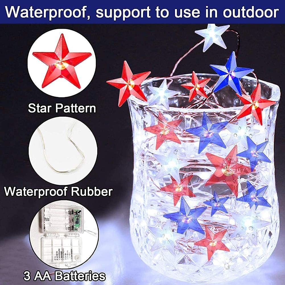 Couah 80 LED Fairy Lights - Battery Operated, 20FT, Red White Blue - Indoor Outdoor 4th of July Decorations