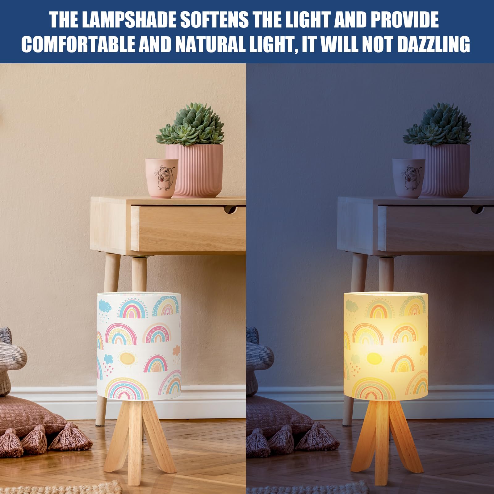 Vihose Rainbow Table Lamp For Bedroom Kids Rainbow Bedside Lamp With Linen Wooden Nightstand Cartoon Nursery Lampshade For Girls