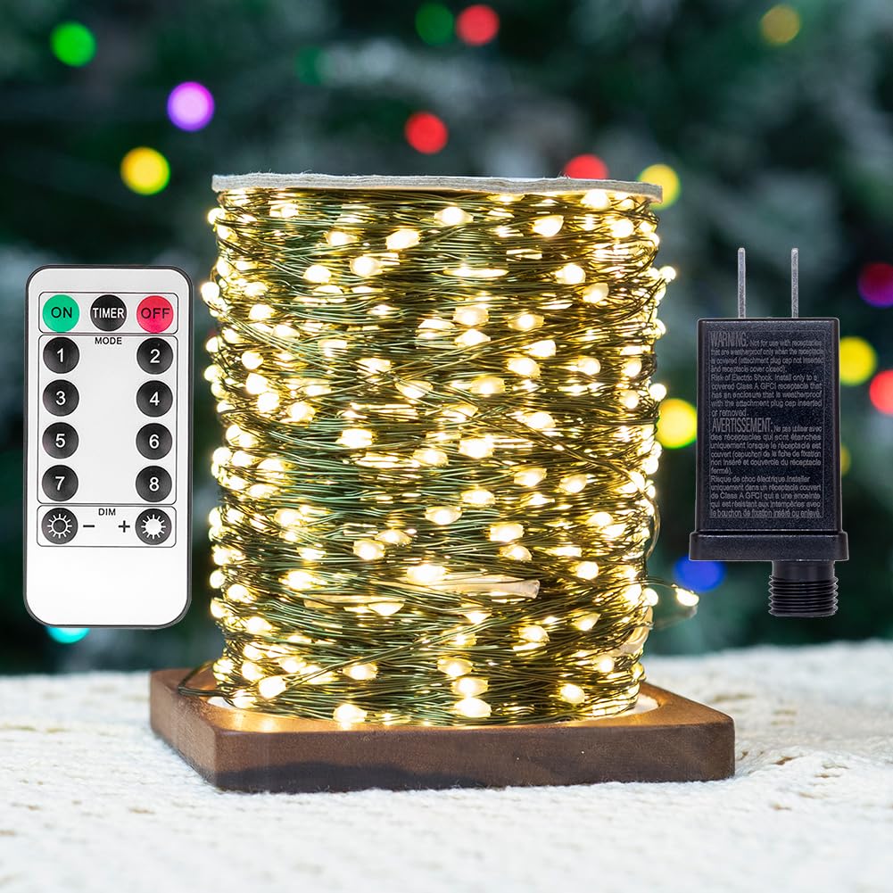 Zeluxdot Fairy Lights Plug In,100Ft 300 Leds Waterproof String Lights,Green Copper Wire,Led Lights Stirp With Remote 8 Modes For Indoor Outdoor Christmas Wedding Birthday Patio Garden Decor,Warm White