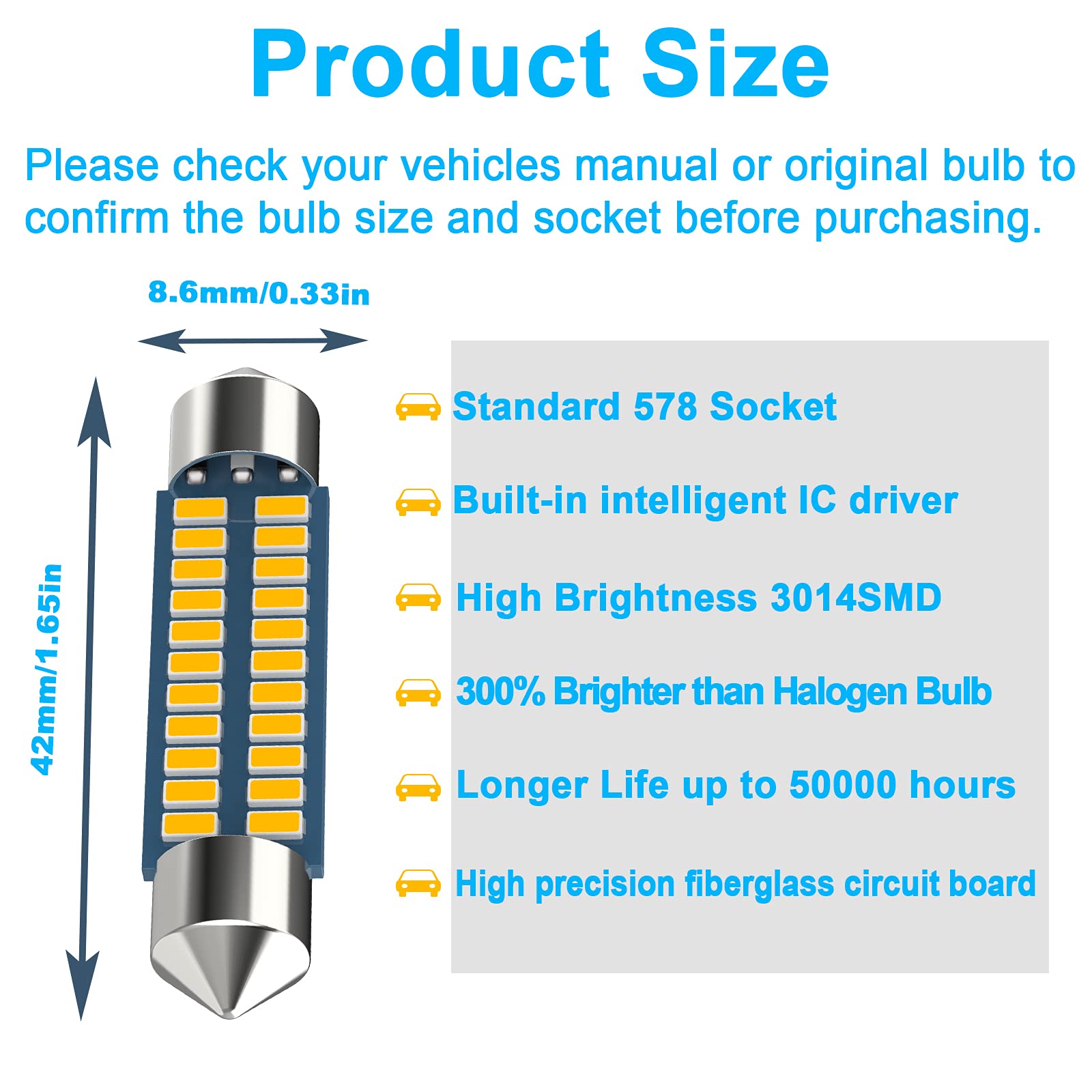 Serundo Auto 578 Led Festoon Bulb 211-2 Led Car Bulb 41Mm 42Mm 1.65In 212-2 Bulb For Car Map Light Dome Light, 22Smd 3014 Chips Interior Led Festoon Bulb,Pack Of 4Pcs Amber Yellow