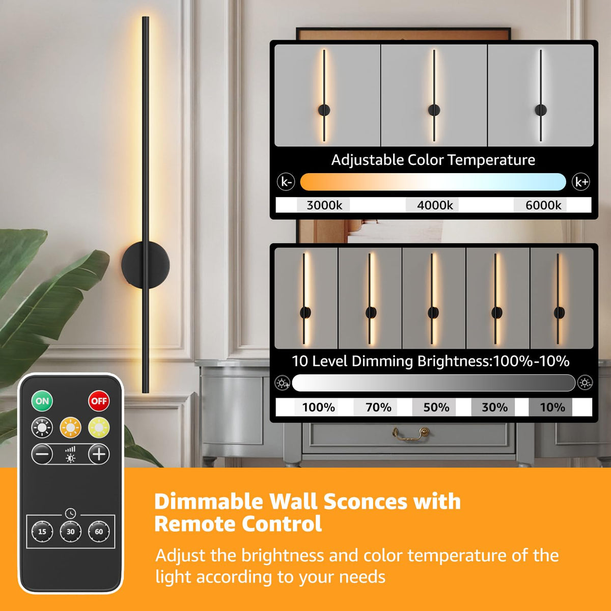 Aipsun Black Battery Operated Wall Sconce, Dimmable, 47.2 Inch, Alumin ...