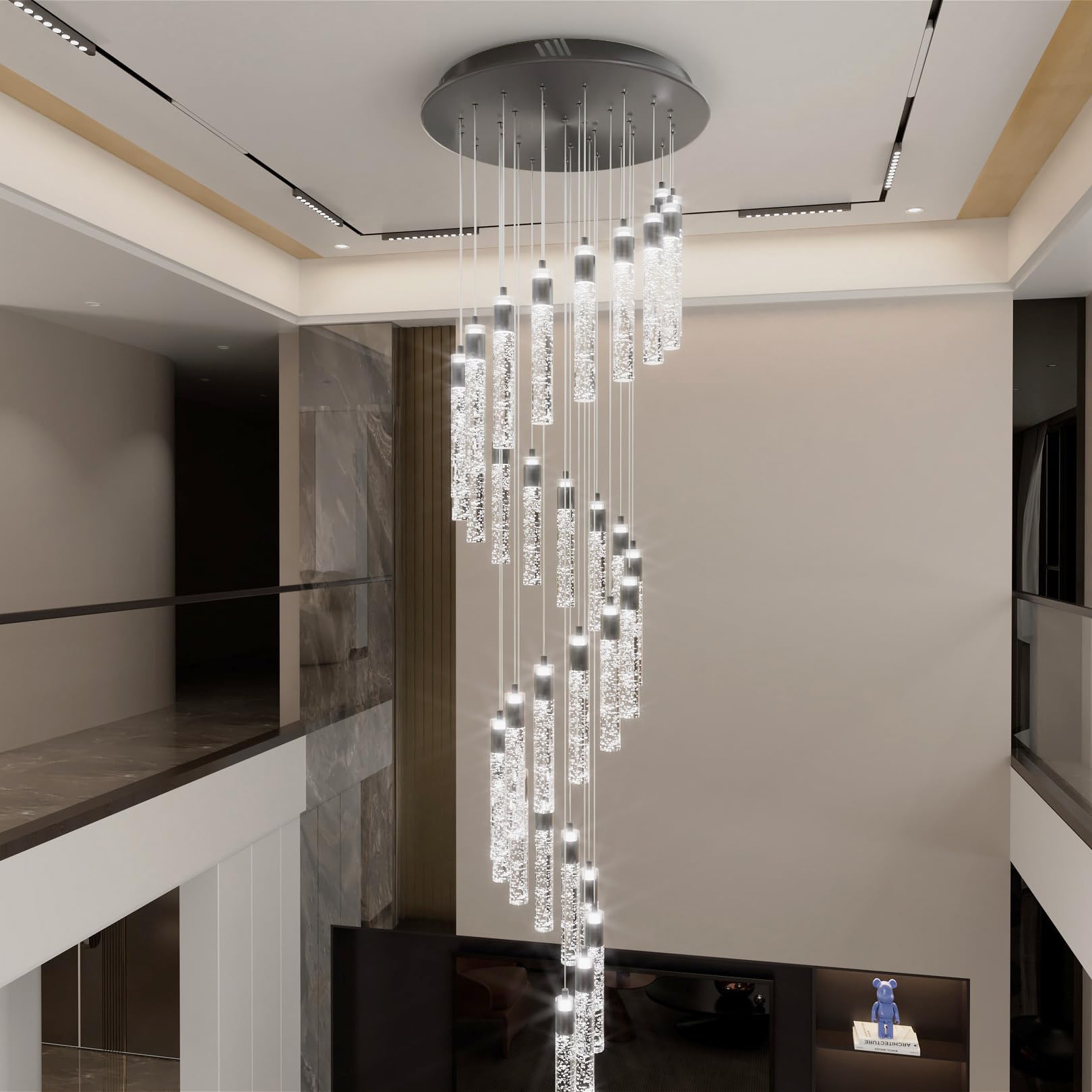 IDEQUY Large Crystal Chandelier 32-Light Black Spiral Fixture for High Ceilings, Model CF8029-32H