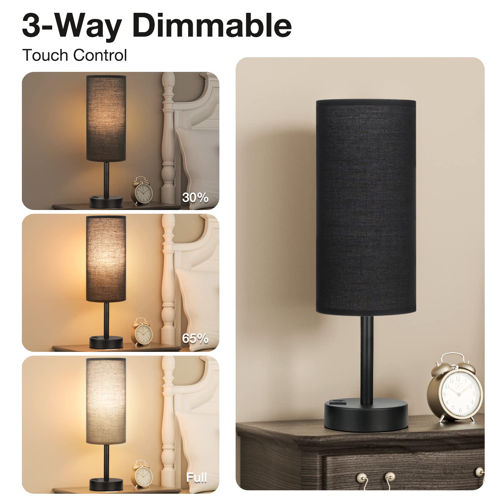 Black Touch Nightstand Lamps For Girl - Small Bedside Lamp With Usb-C And Usb Charging Ports, 3 Way Dimmable Control Table Lamp