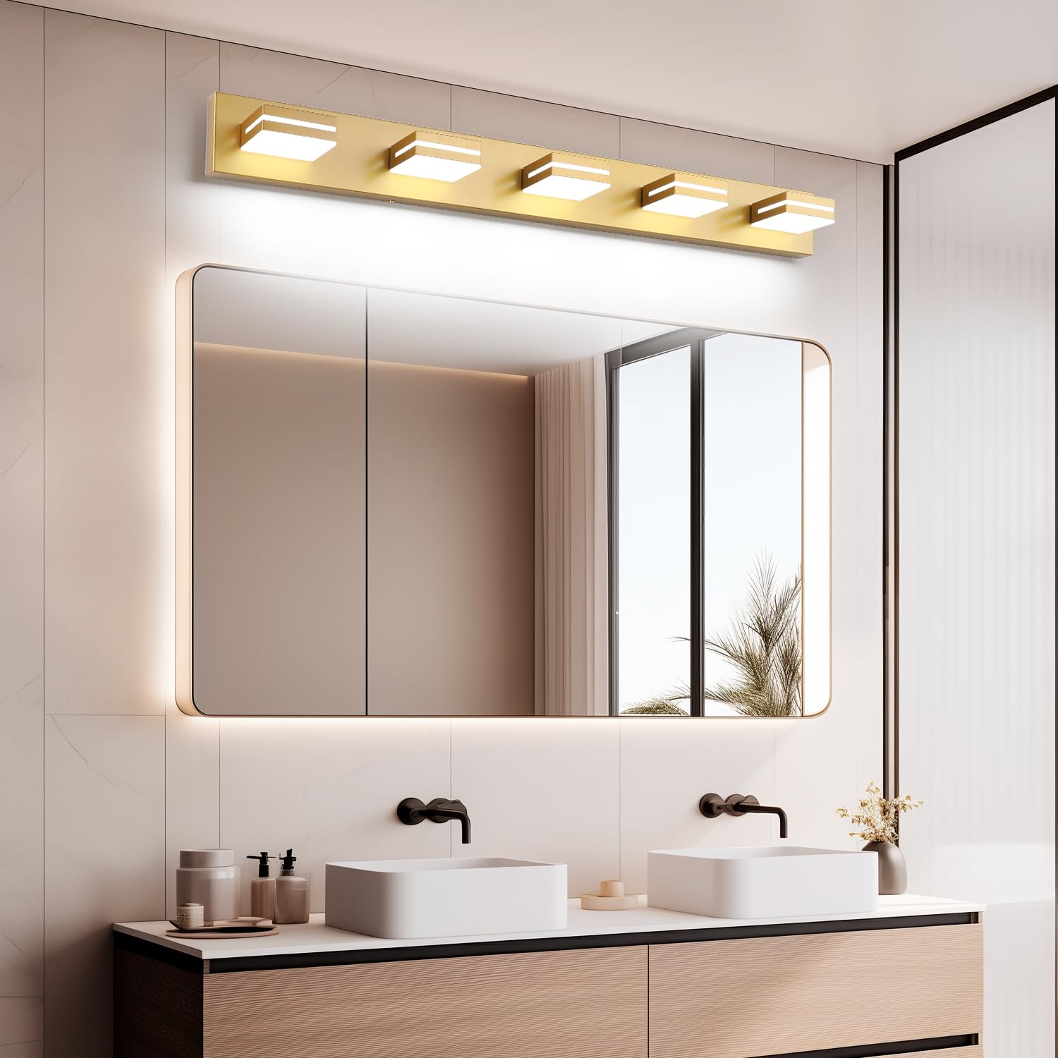 Sinerise Led Modern Bathroom Vanity Light Fixtures (5-Light, 40-Inch), Matte Gold Modern Acrylic Bathroom Wall Lighting Fixtures