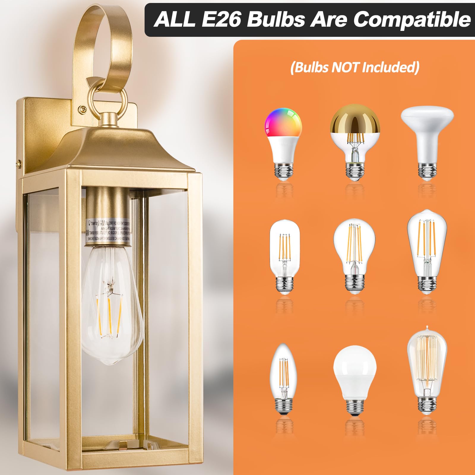 Yolsunes 15 Inch Gold Outdoor Wall Sconces, Waterproof Modern Lanterns With Clear Glass - 2 Pack