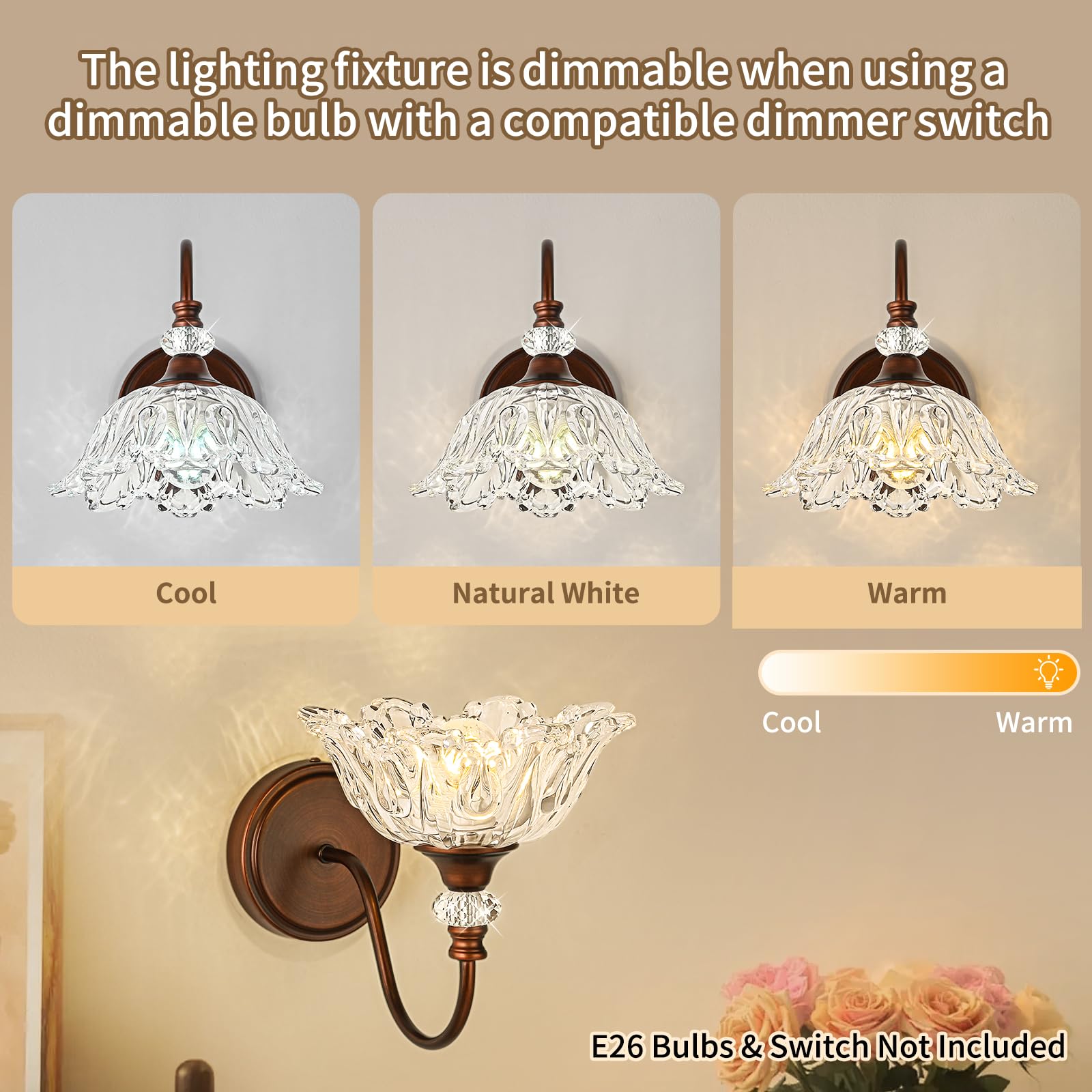 sunkryster 1-Light Oil-Rubbed Bronze Vintage Wall Sconce with Floral Glass Shade, Farmhouse Bathroom Vanity Light, Model Sun-104AB-1-ORB