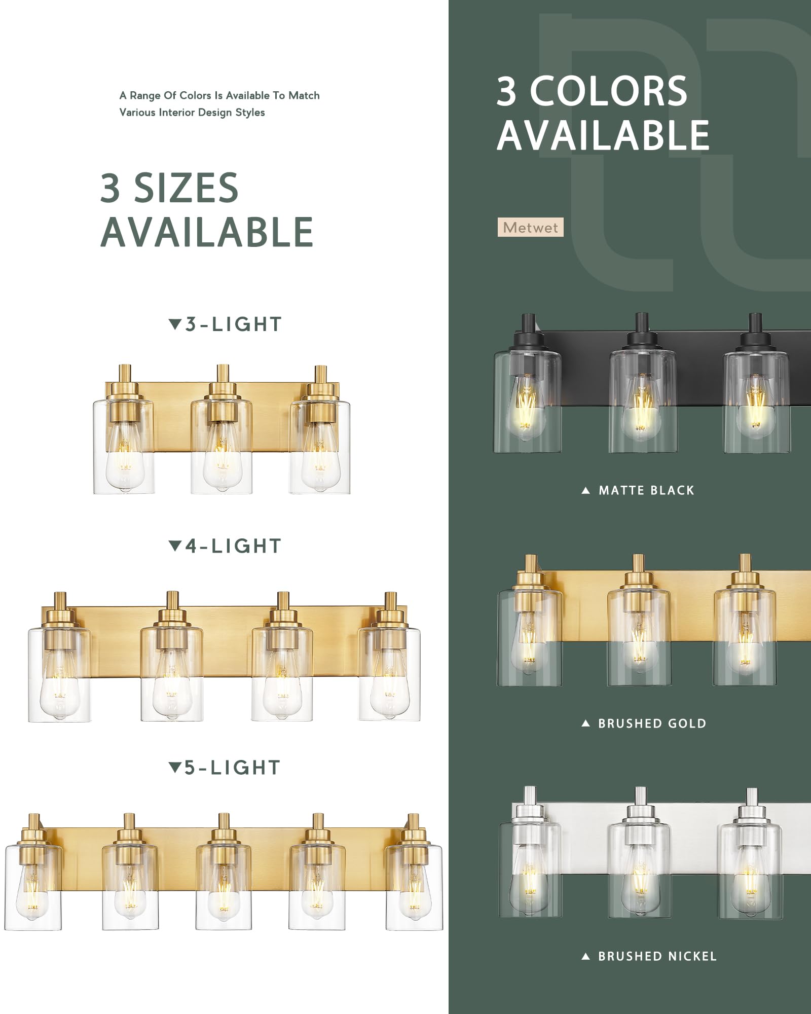 Metwet 5-Light Bathroom Light Fixtures  30 Inch Brushed Gold Vanity Light With Cylinder Clear Glass Shade  Modern Vanity Lighting Fixtures Over Mirror  Vl143-Bg-5