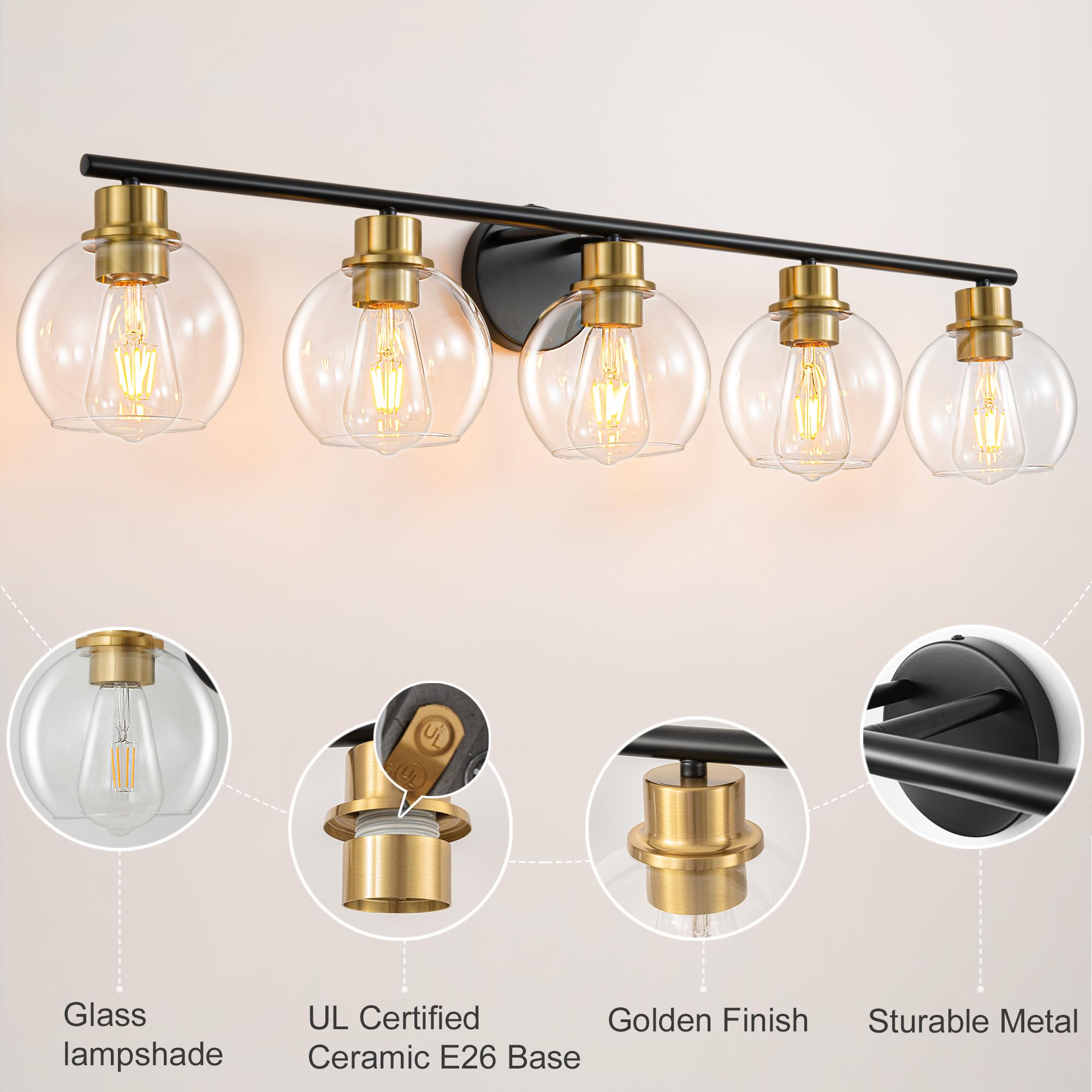 Lanmate 5-Light Bathroom Vanity Light Fixture, Clear Glass Shade, Modern Black and Gold, 37.4 Inch, Model 5495546b-0e59-47b4-a489