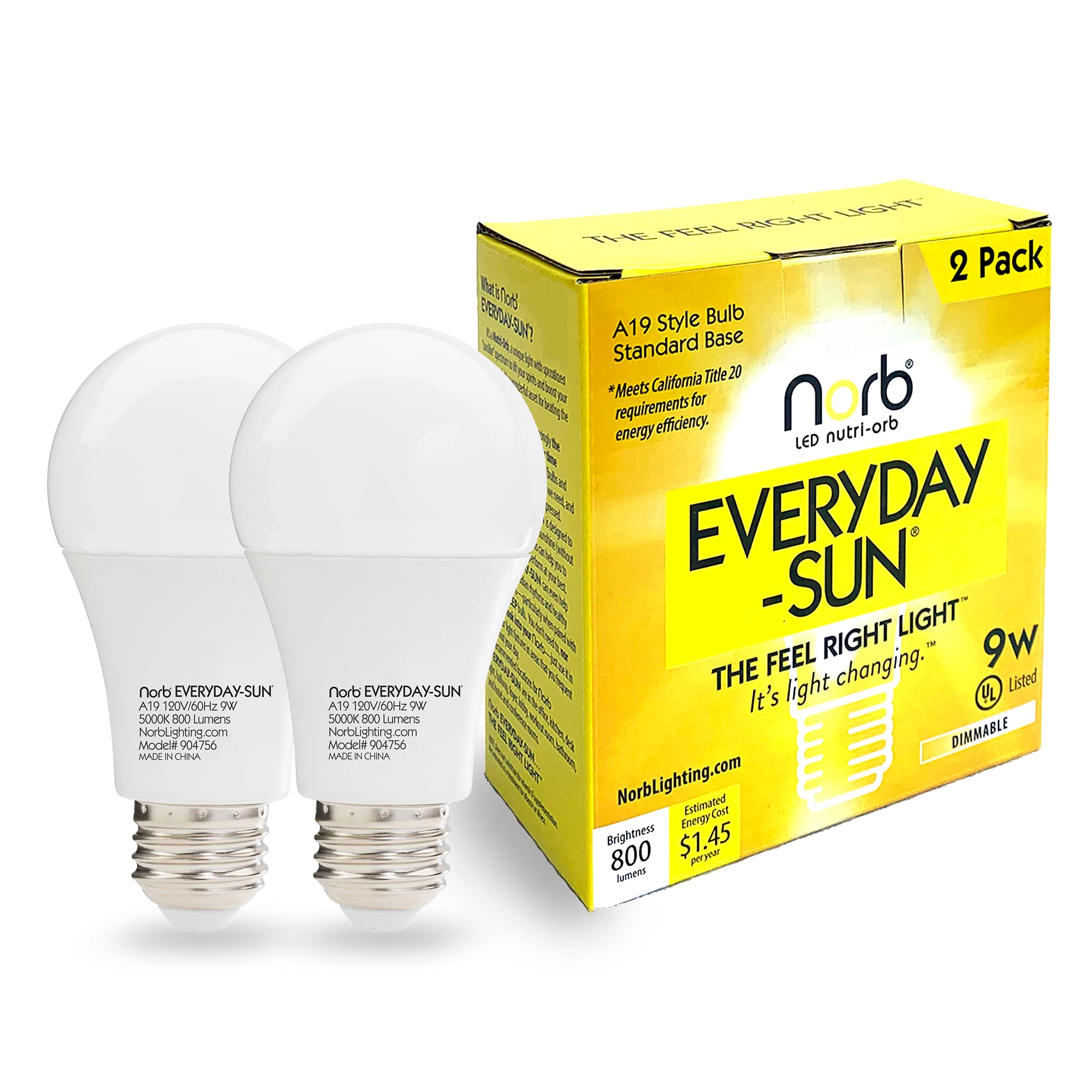 Norb Sun Light Bulb - Full Spectrum 5000K, 9W, Glass, 2-Pack, Model SUN-A19-9W