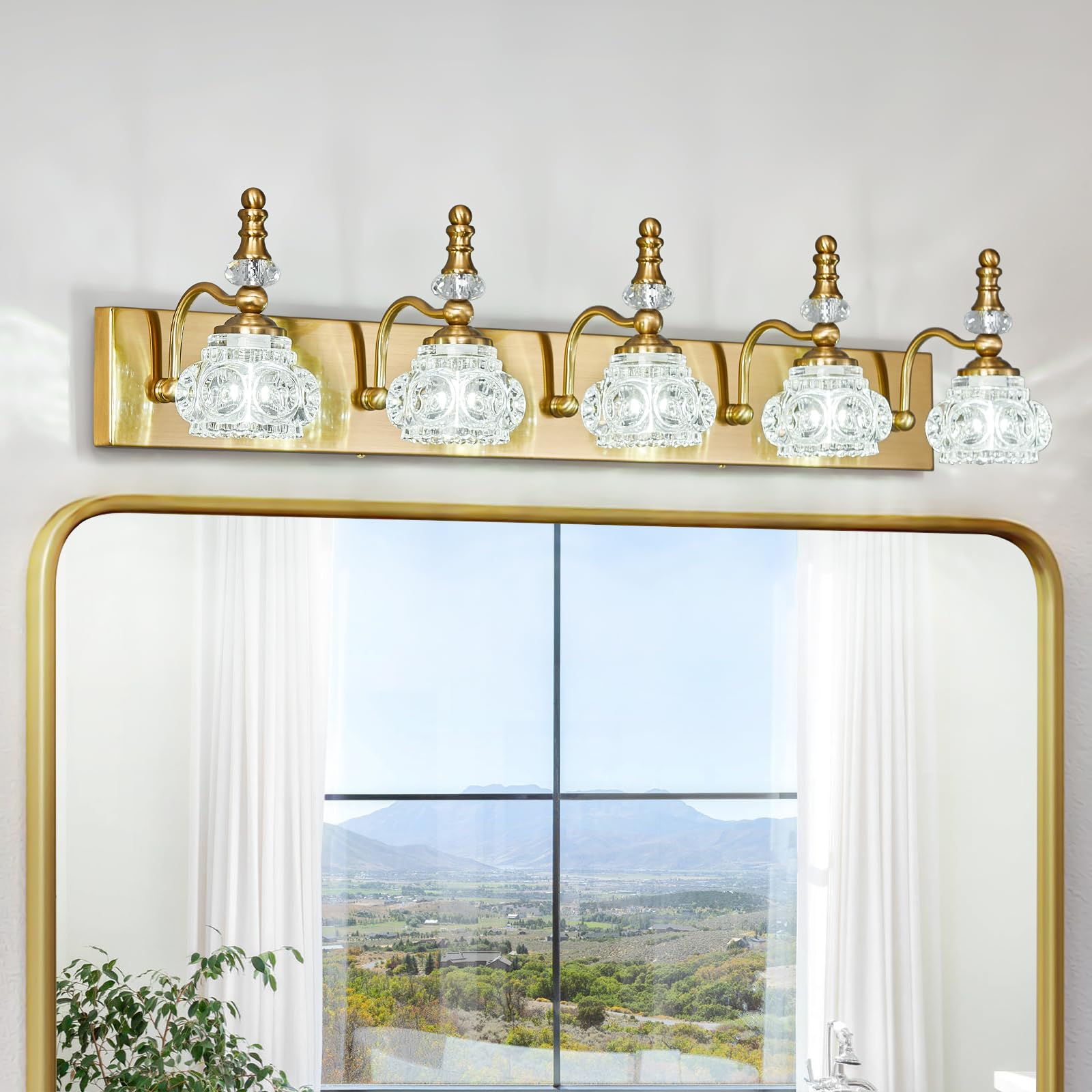 Lbsqj Modern Glass Crystal Vanity Light - Vintage Bathroom Lighting Fixtures Over Mirror  5 Light Vanity Lights G9 Bulb (35.43 Inch  Gold)