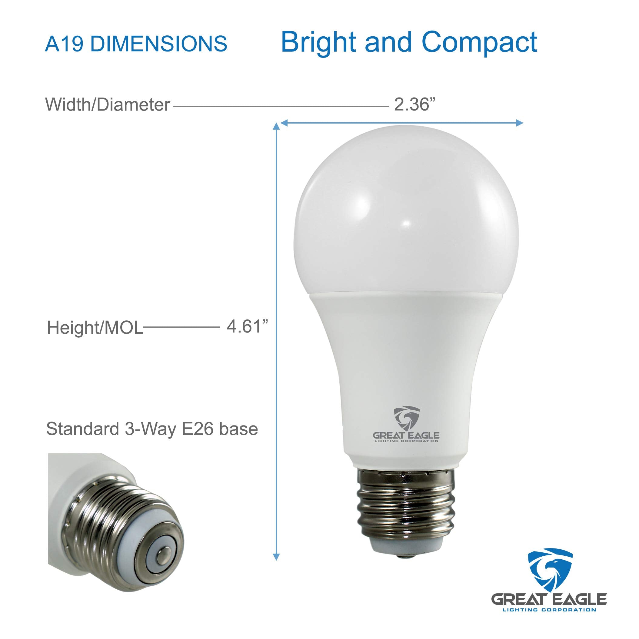 Great Eagle 3-Way A19 LED Light Bulb 40/60/100W Equivalent, 4-Pack, 2700K Warm White, Model 4A193W1427A
