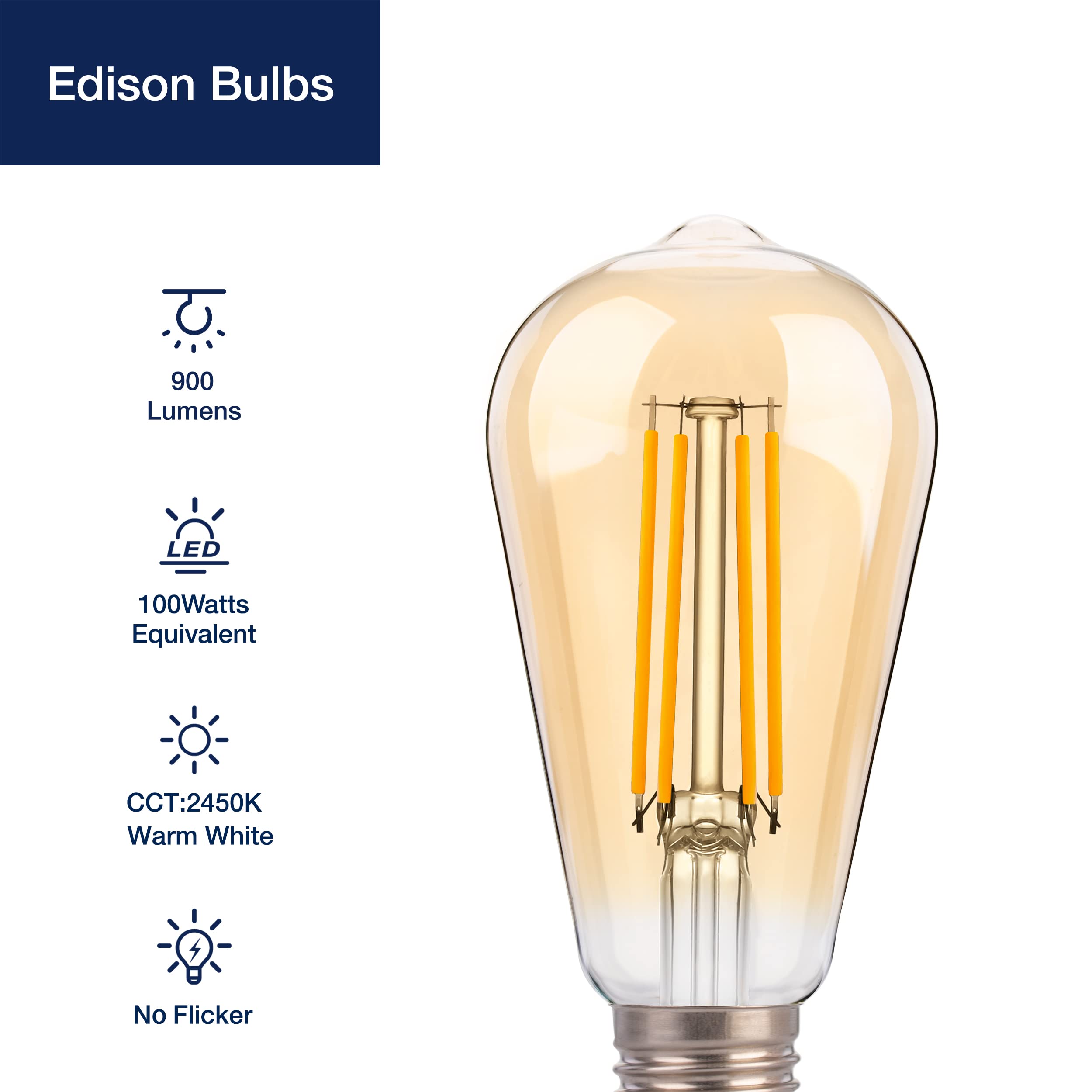 Flsnt Led Edison Bulbs 100W Equivalent, St19 Dimmable Vintage Led Light Bulbs, 2450K Warm White, 8W, 900Lm, E26 Base, Amber Glas