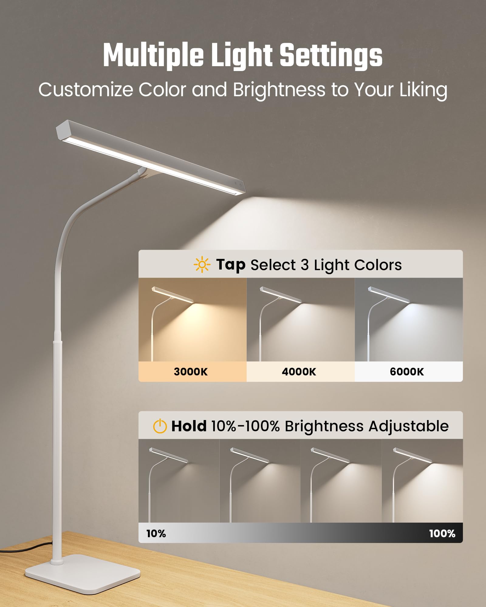 SUPERDANNY LED Desk Lamp, 12W Touch Control, 3 Colors Dimmable, Gooseneck, Aluminum, Stable Base, White, Model SDDL019010405B