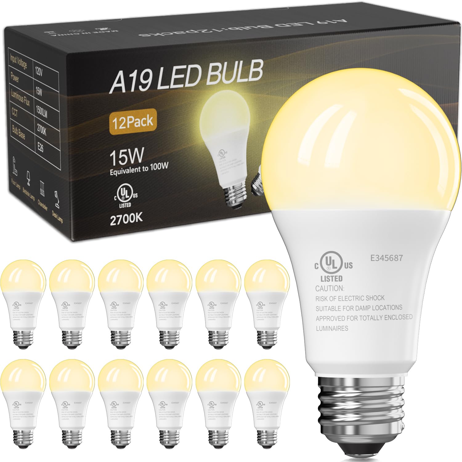 TJOY LED Light Bulbs A19, 100W Equivalent, 1500 Lumens, 2700K Warm White, E26 Base, 12 Pack