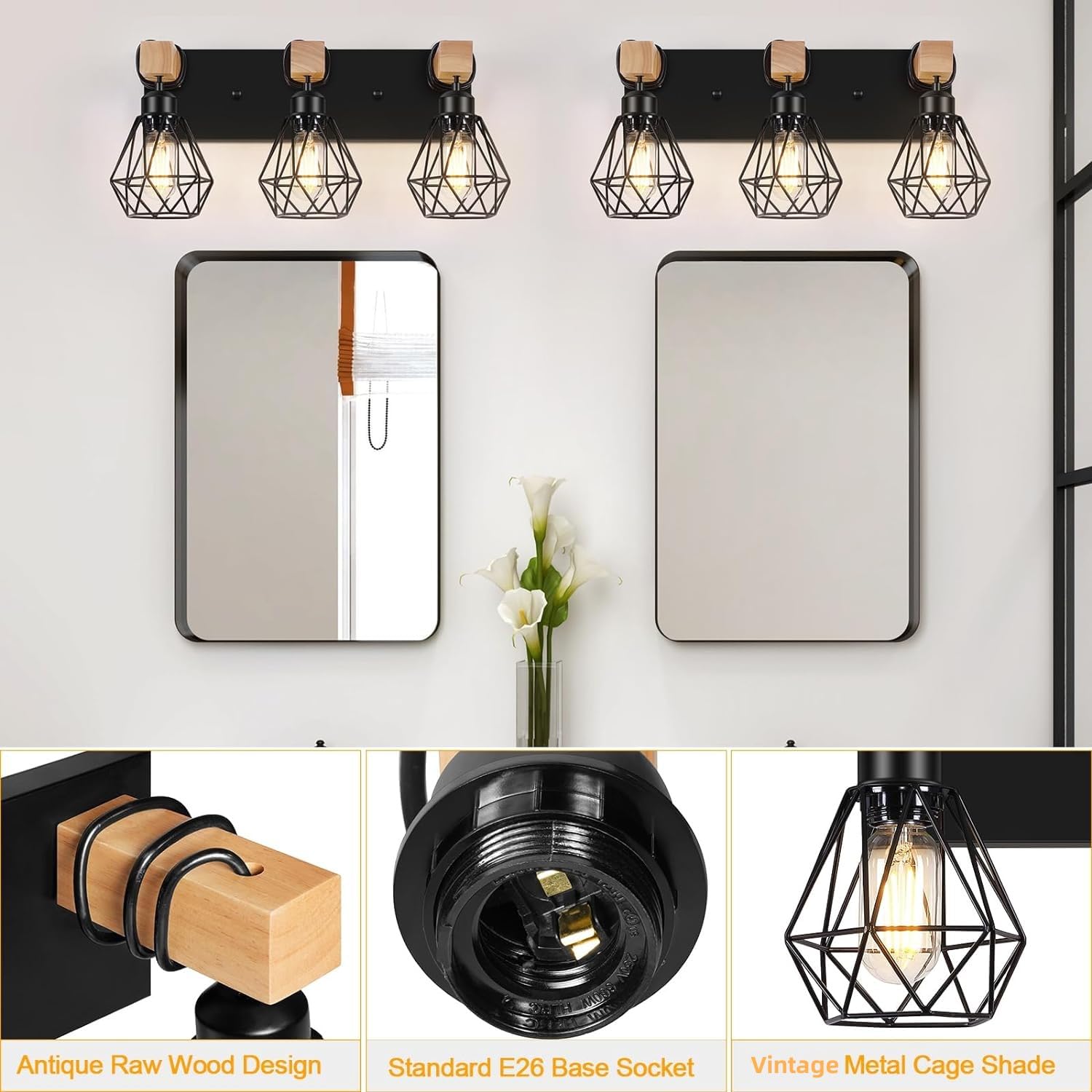 FadimiKoo 3-Light Farmhouse Bathroom Vanity Light, Black Metal & Wood, Vintage Style for Mirror, Bedroom, Living Room, Hallway