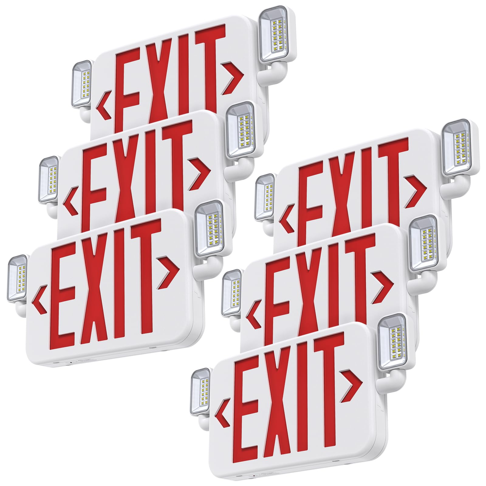 Sitisfi Led Combo Emergency Exit Sign Light With Two Adjustable Head Lights And Backup Battery Exit Light,Us Standard Red Letter Commercial Emergency Exit Lighting,Ul 924,Ac120/277V (6Pack)