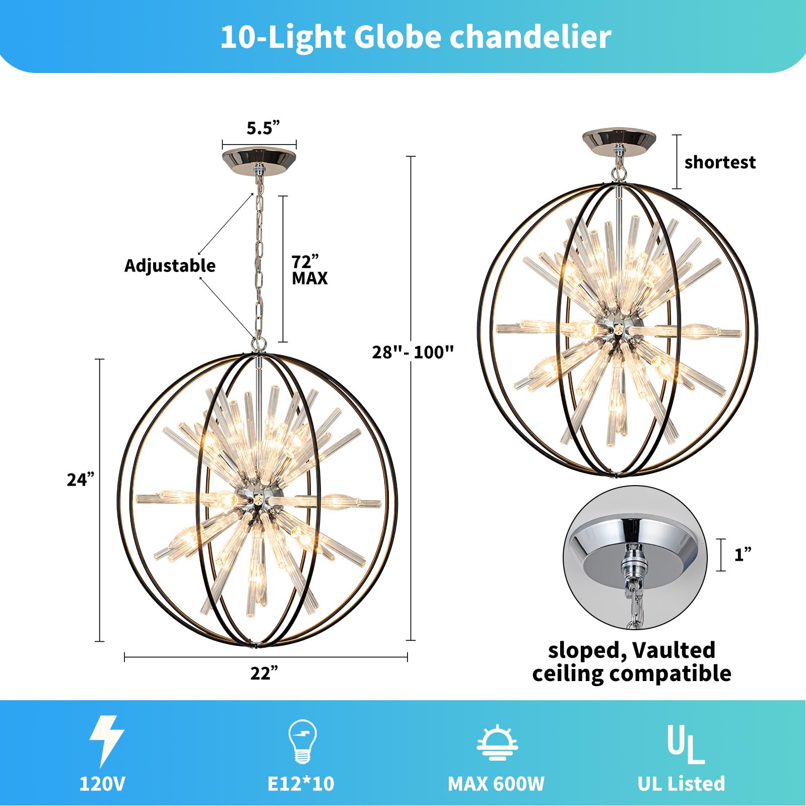 Vezzio 10-Light Modern Sputnik Chandelier D22" Black & Chrome Pendant Light for Dining Room, Living Room, Entryway, Model ZJ-045