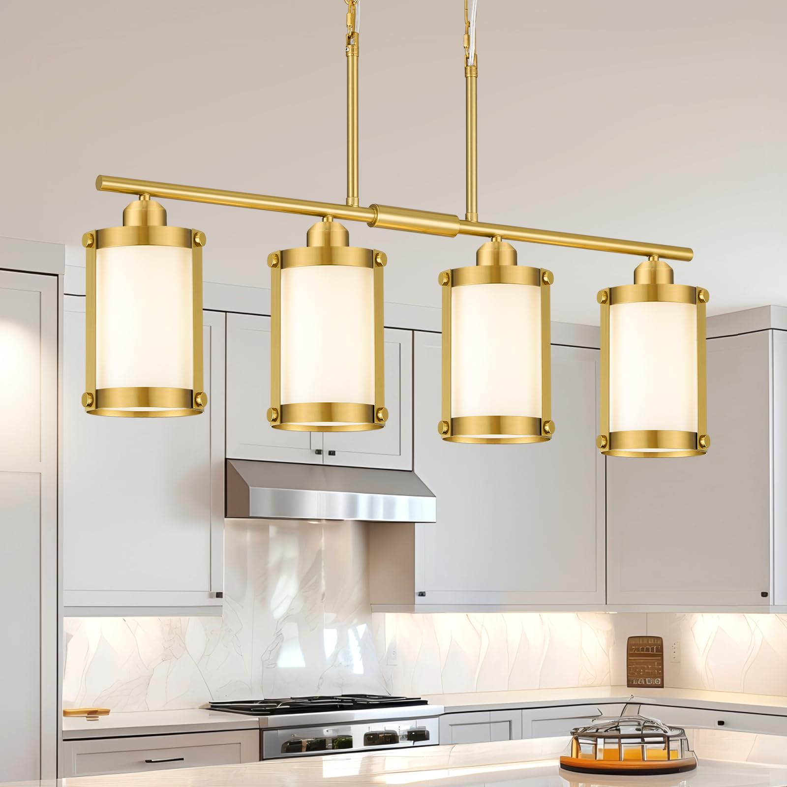 Osimir 4-Light Kitchen Island Lighting  Brushed Gold Linear Dining Room Light Fixtures With Frosted Glass  Modern Mid Century Chandelier Pendant Light For Kitchen Island Dining Room  Os-3014-4Isbgw