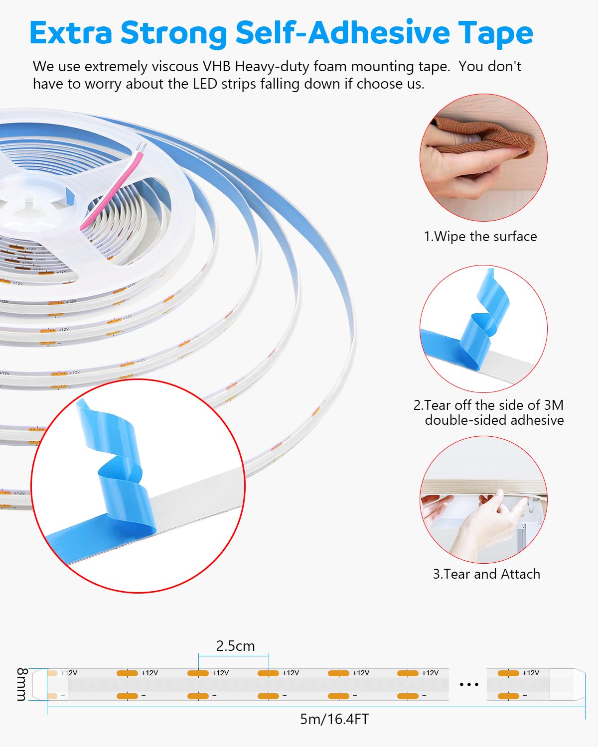 Aclorol Blue Cob Led Strip Lights 16.4Ft Led Tape Lights 12 Volt For Living Room Bedroom Kitchen Cabinet Closet Other Home Indoo