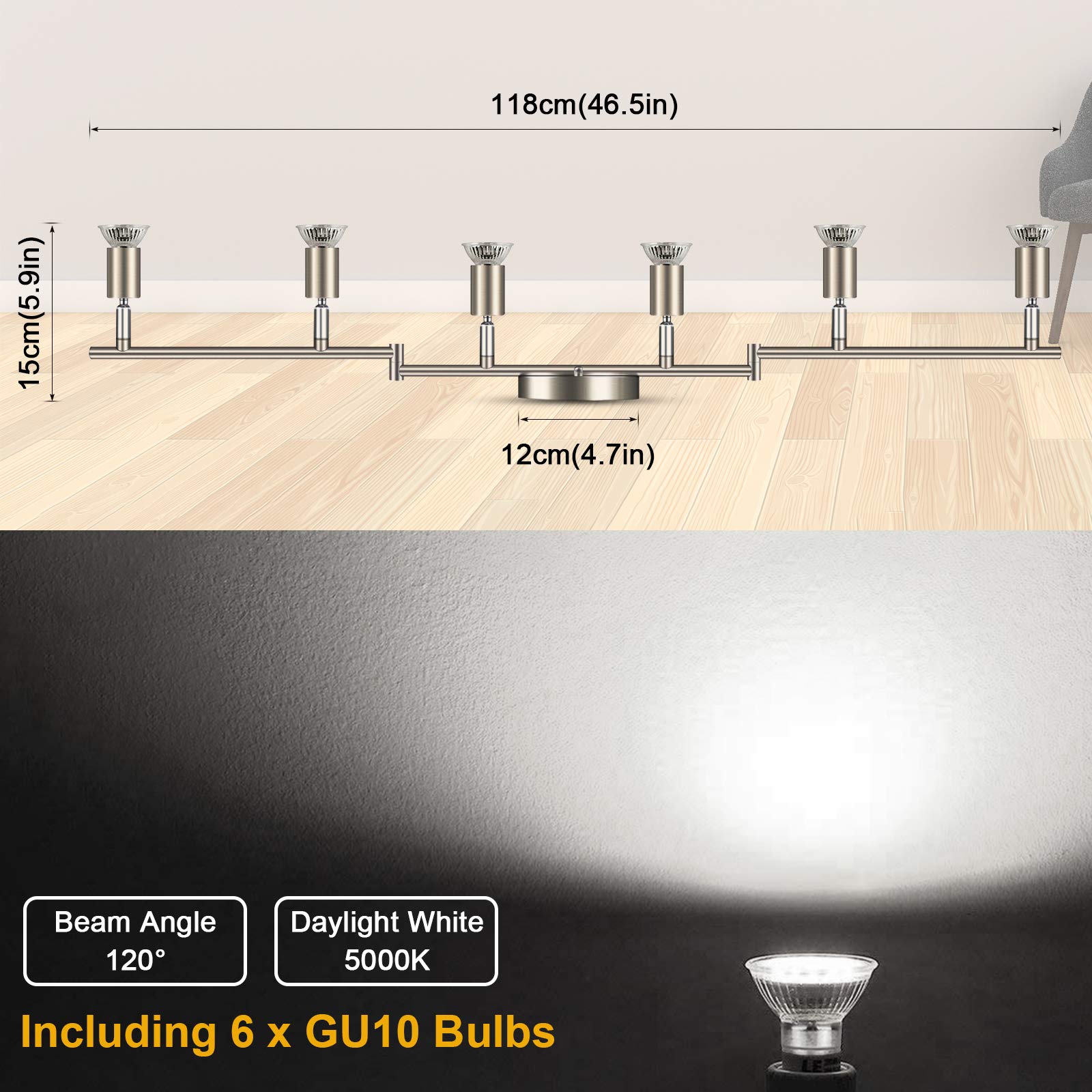 Ascher 6-Light Led Track Lighting Kit, Flexibly Rotatable Light Heads, 6 Way Ceiling Spotlight Matt Nickel Finish, Including 6 G