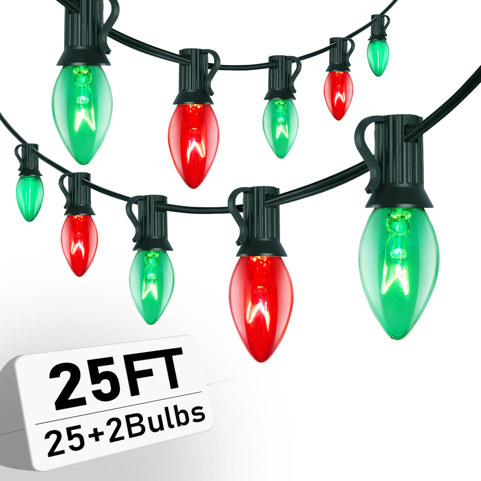 C7 Red Green Christmas Lights Outdoor, 25Ft Vintage Christmas String Lights with 27 Clear Red Green Ceramic Bulbs, Waterproof Co