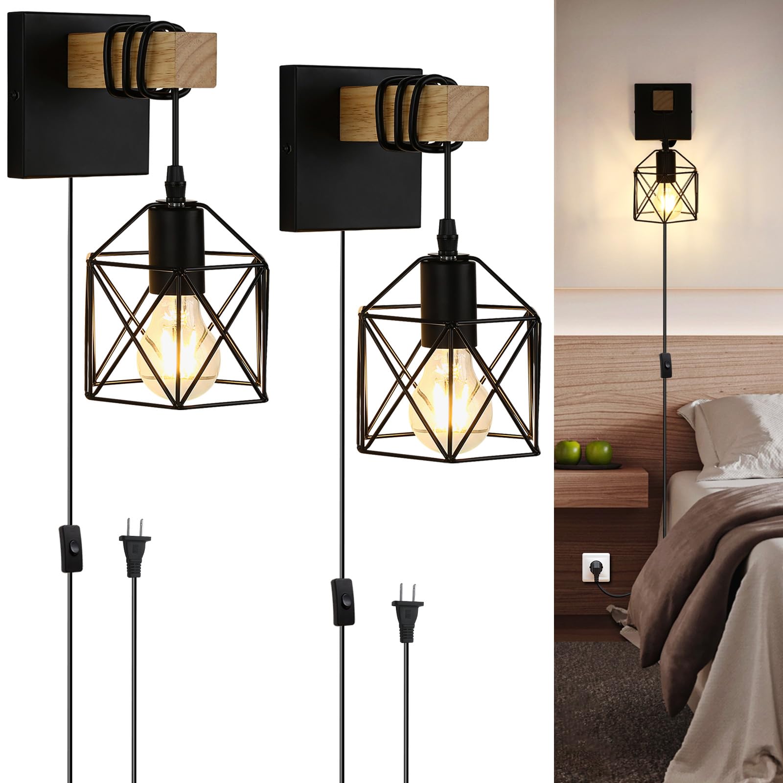 Lightess Plug in Wall Sconces Set of 2 with On/Off Switch  Industrial Wall Lights Metal Cage Lampshade  Black Farmhouse Wall Mounted Lamp for Bedroom Living Room