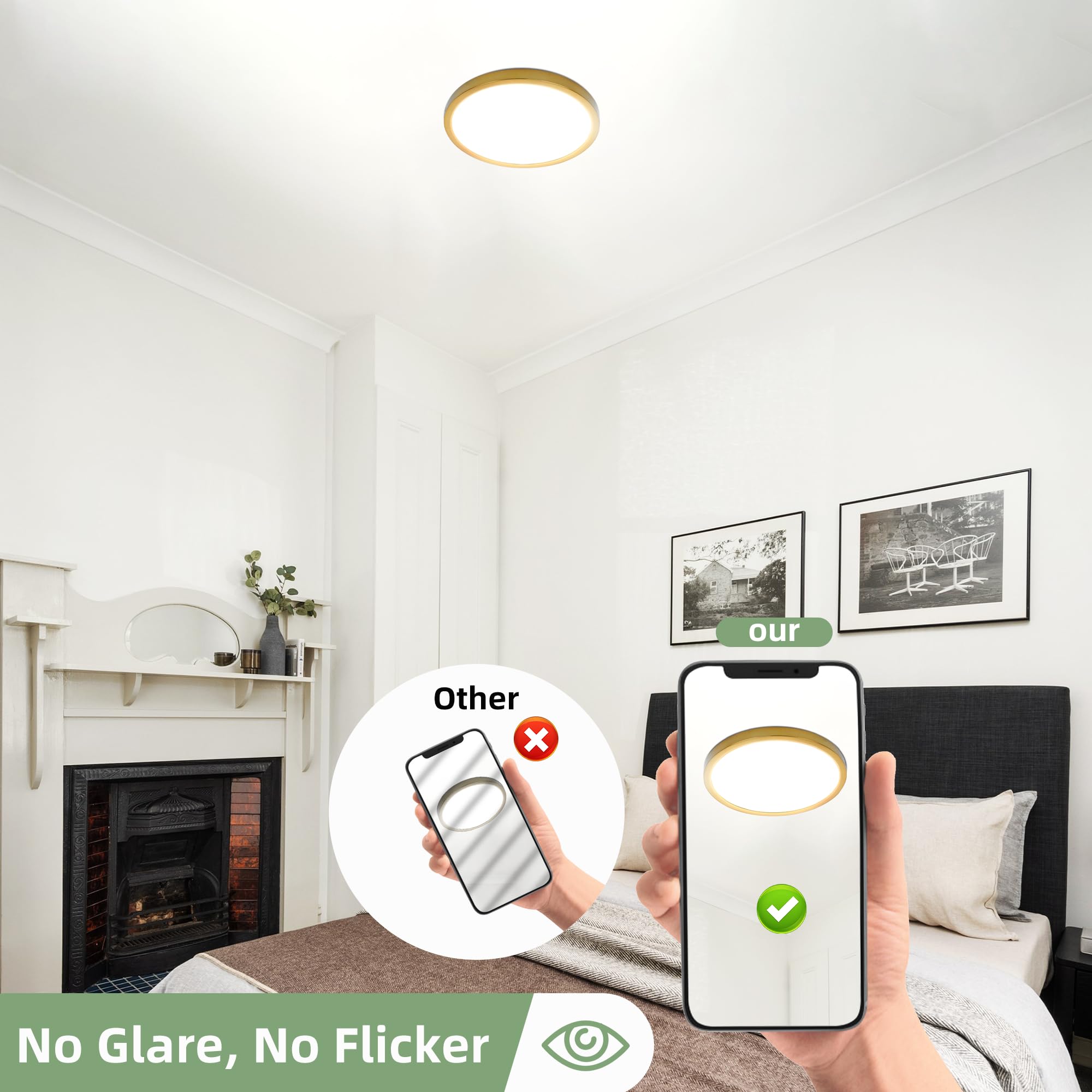 hykolity LED Round Flat Panel Light, 12 Inch, 24W, Selectable CCT 3000K/4000K/5000K, Edge-Lit, Gold,