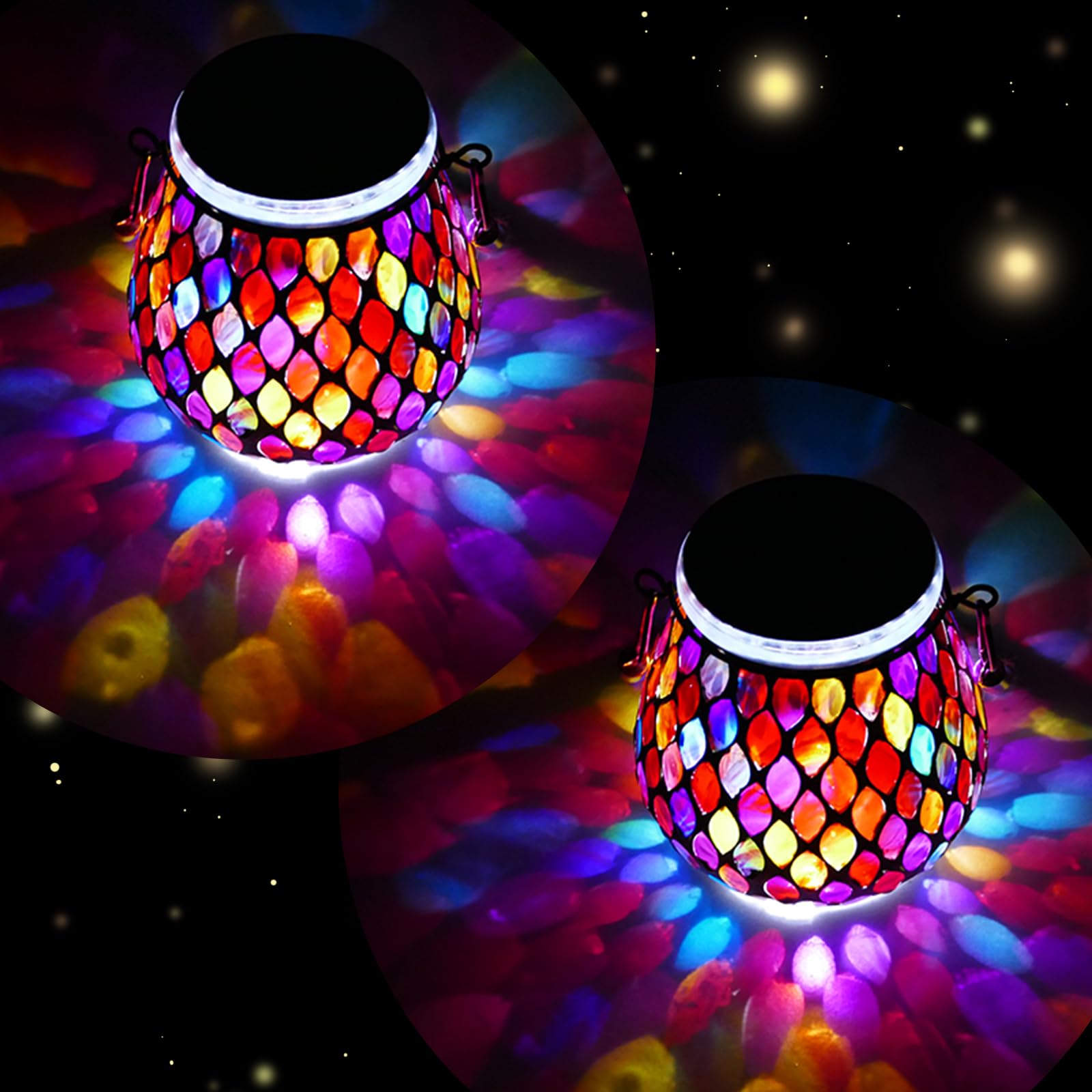 2 Pack Mosaic Red Solar Lanterns, Outdoor Glass Hanging Lights, Waterproof, Solar Table Lamps, Christmas Gifts for Women Mom Gra