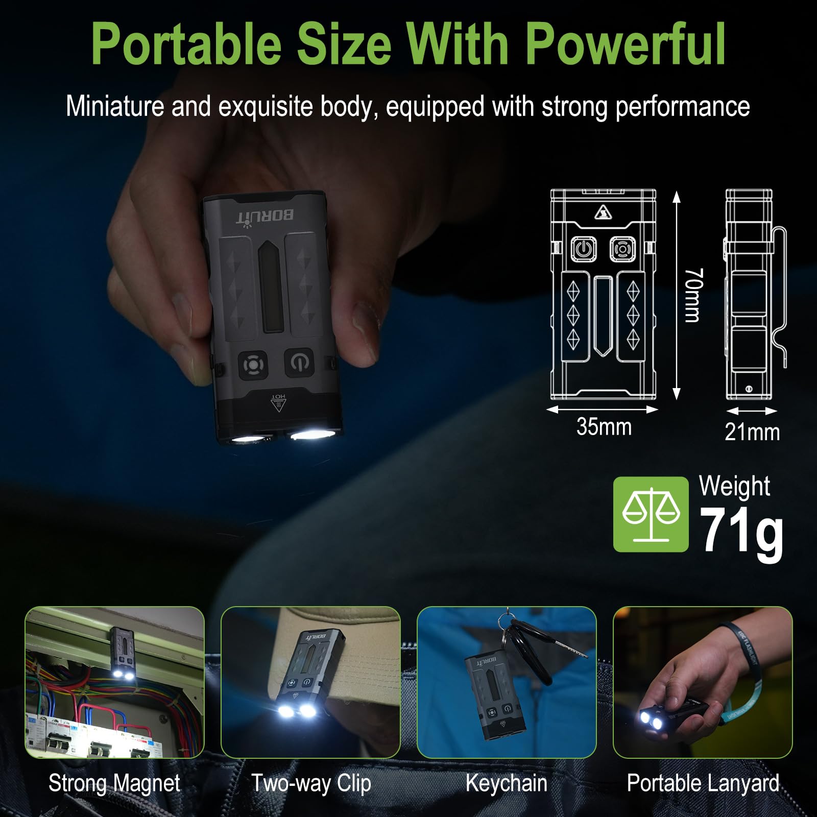 BORUIT EV20L LED Rechargeable Small EDC Flashlight with Green Beam,Pocket Keychain Flashlights with RGB Side Light,IP66 Waterpro