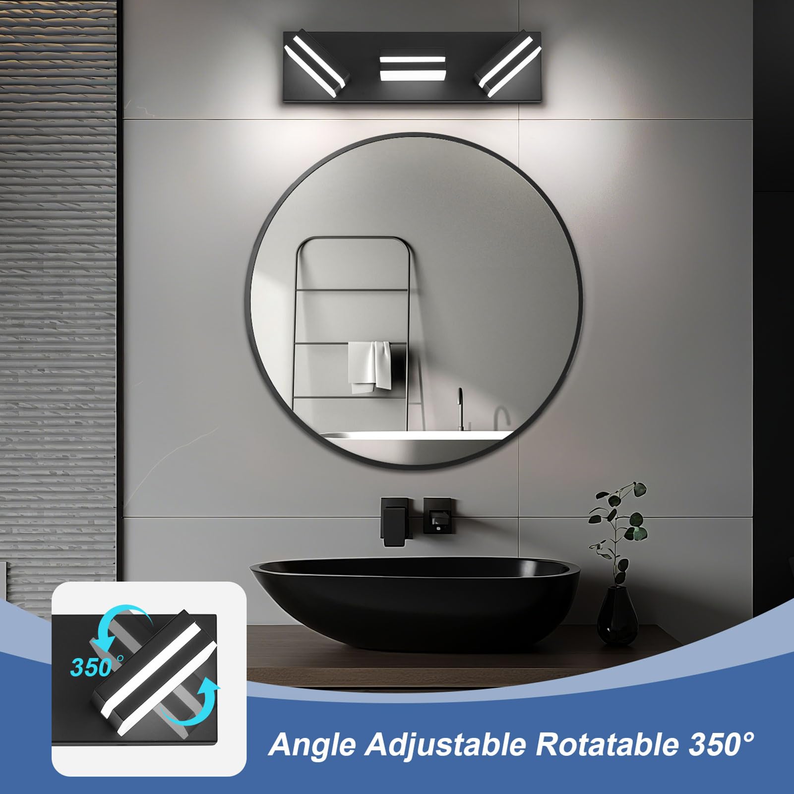 JZEKVN Modern LED Bathroom Light Fixture, 3-Light Metal Black Acrylic, 16.14in, 6000K Vanity Lighting Over Mirror