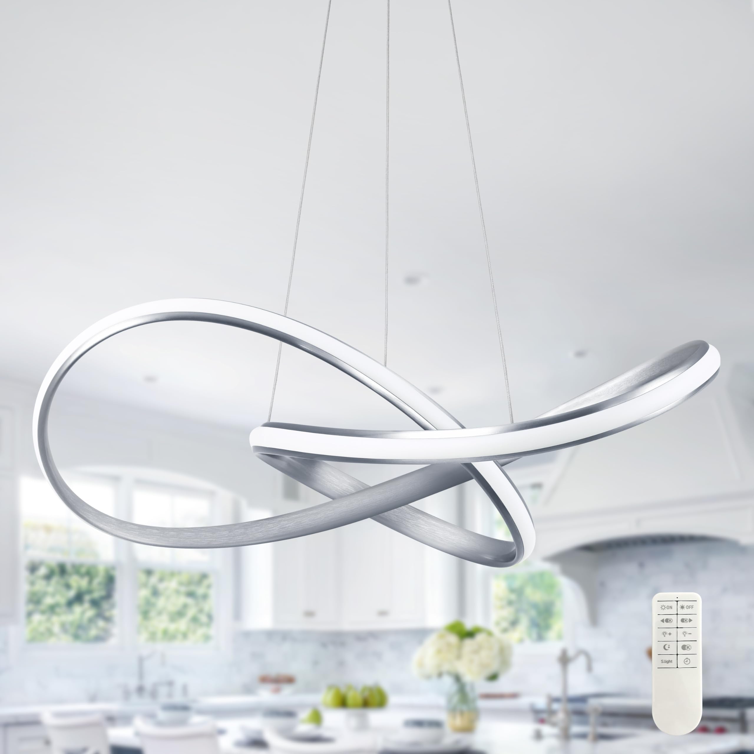 Mccokaige Modern LED Pendant Light Fixture, Nickel, Dimmable Remote Control, 19.6in, Model SYC-50-N