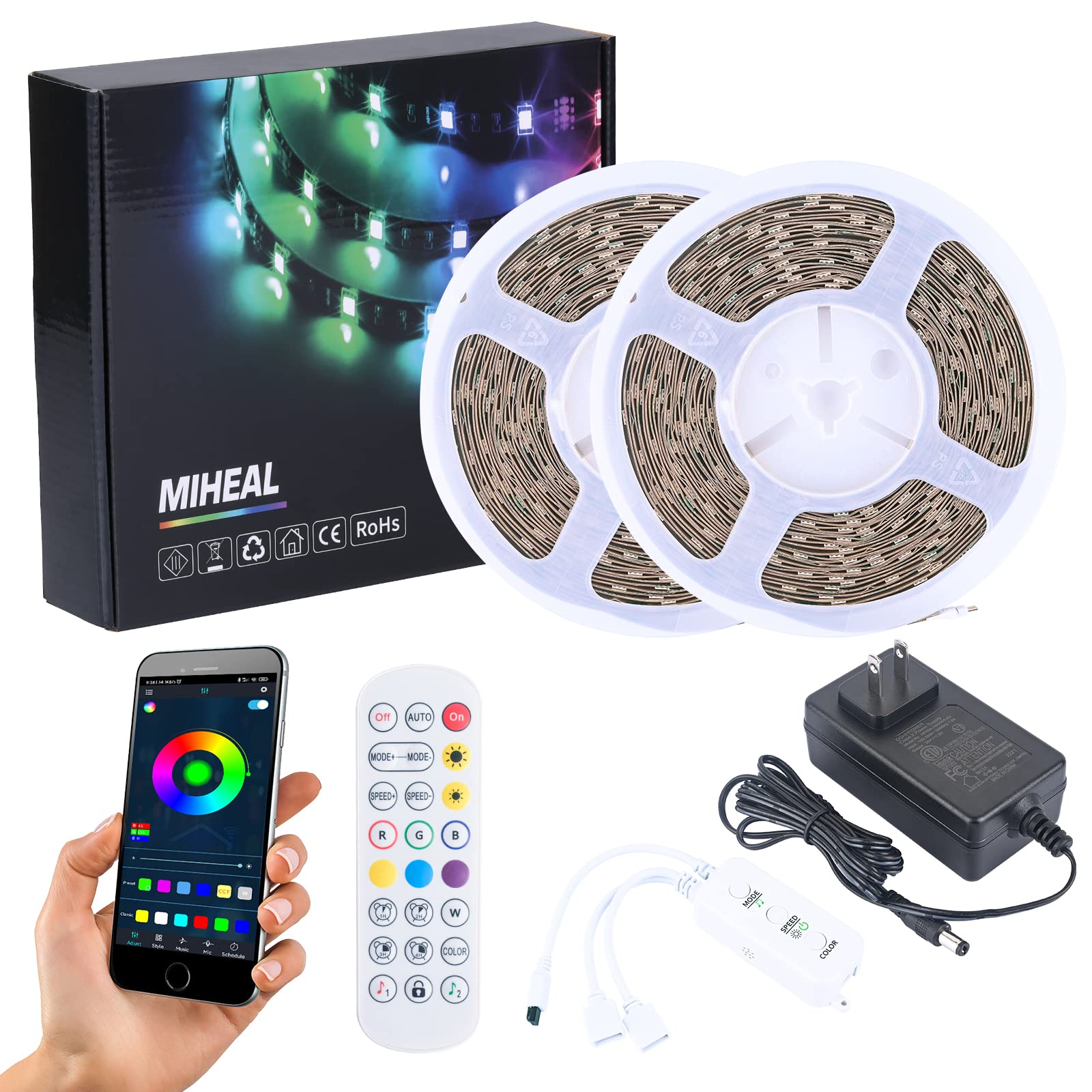 MIHEAL Led Strip Lights - 65.6Ft RGB Color Changing, Bluetooth App Controlled, Music Sync, Plastic, White