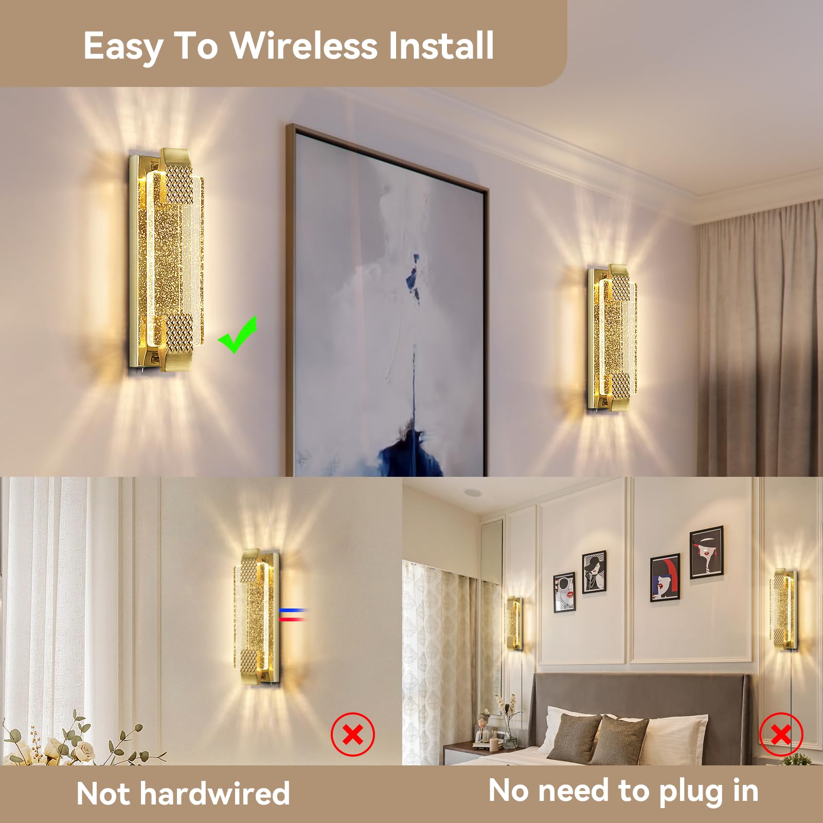 camuucci Rechargeable Battery Operated Wall Sconce, 15.2" Gold Glass Dimmable Light, Remote Control, Model SNCD, Indoor Use