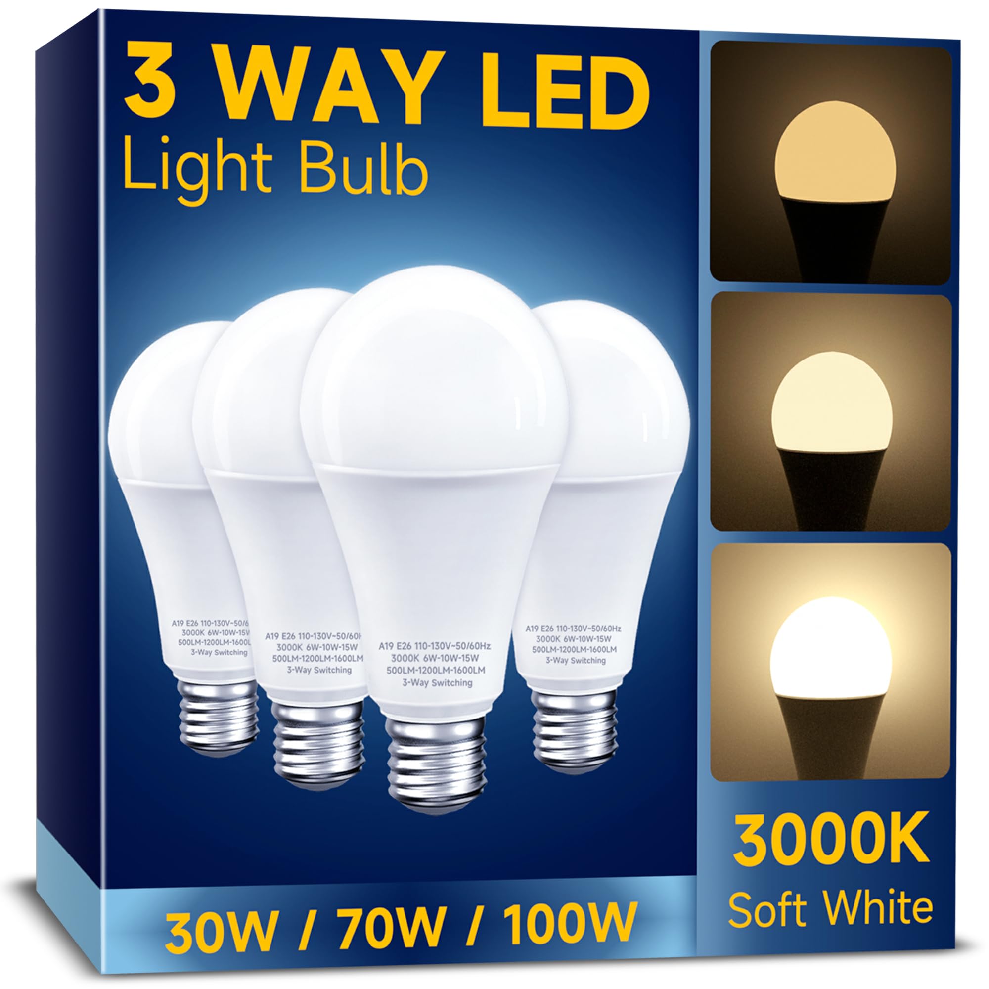 Unilamp 3 Way Light Bulbs 30 70 100W Equivalent, 3-Way Light Bulbs Soft White 3000K, E26 Medium Base, Three Way Dimmable A19 Lig