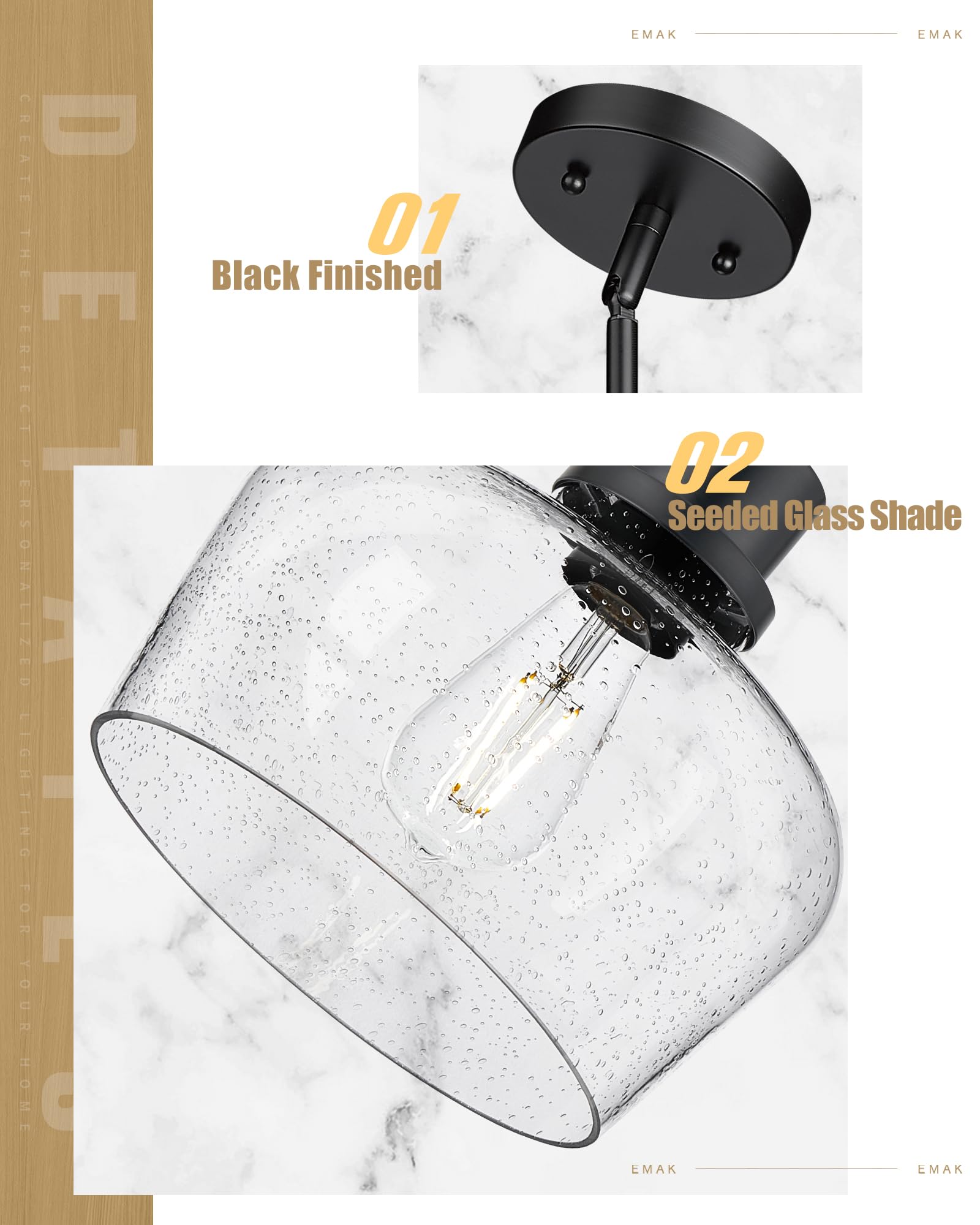 Emak 10 Inch Large Pendant Light, Black Pendant Lights Kitchen Island With Seeded Glass Shade, Modern Farmhouse Island Lights Fo